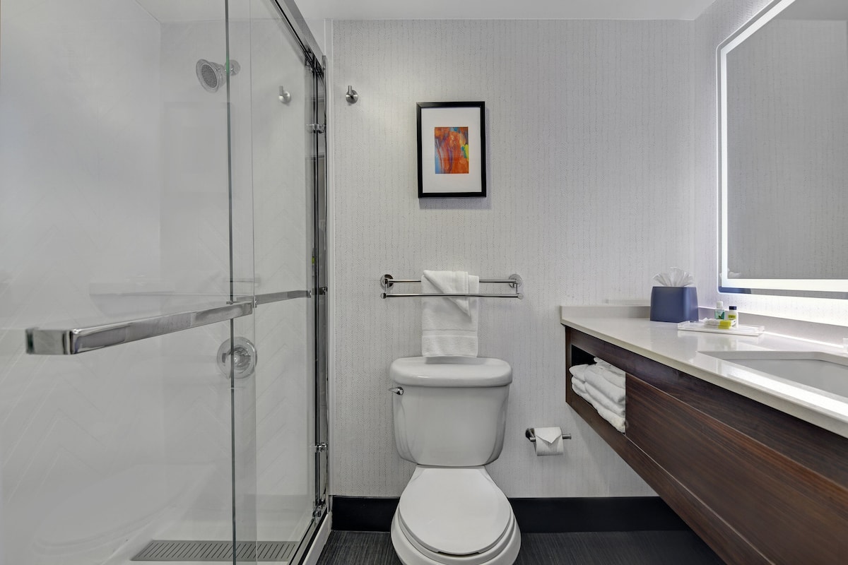 Shower, free toiletries, hair dryer, towels