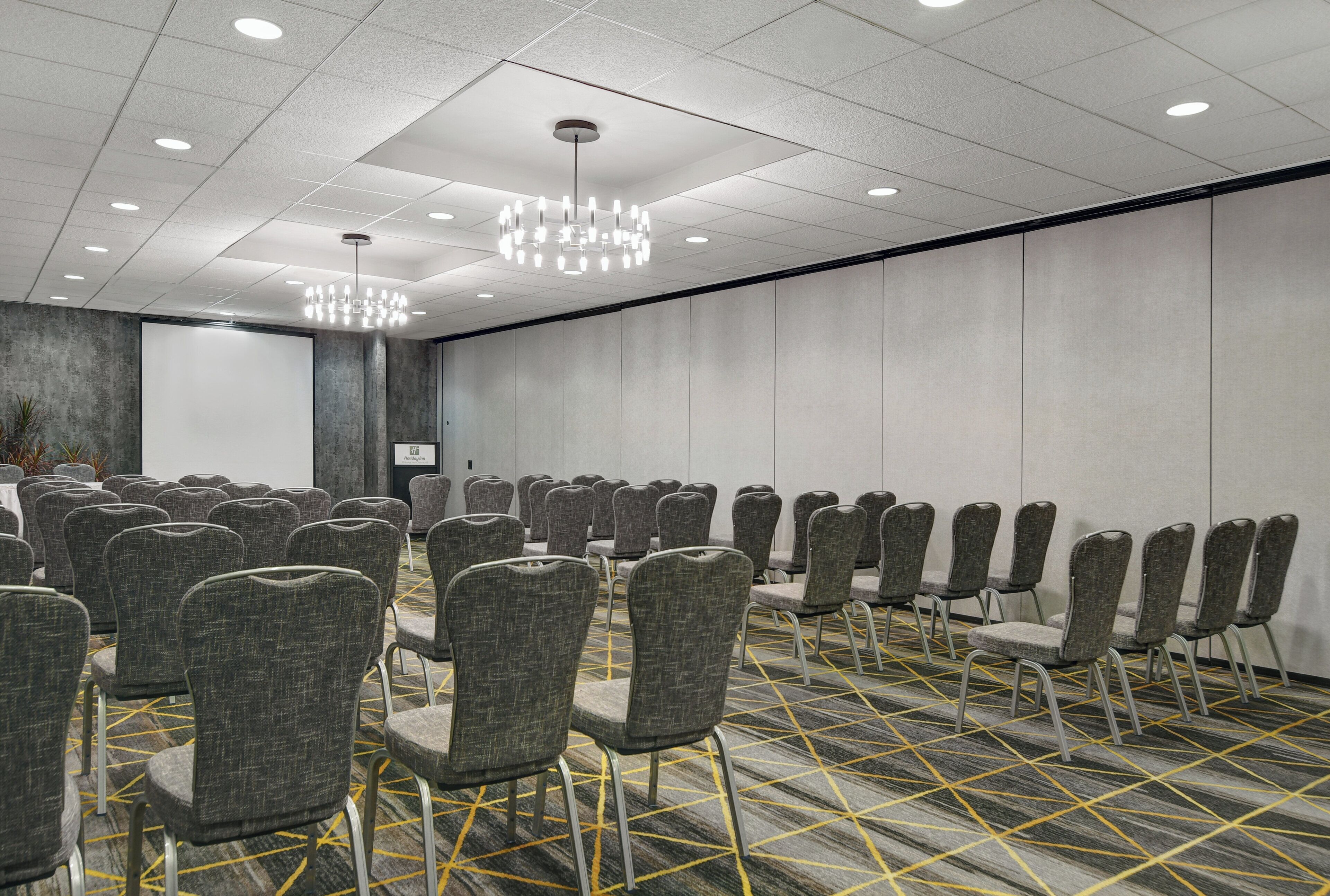 Une salle de conférence avec des rangées de chaises, une moquette à motifs et un design moderne au niveau du plafond.