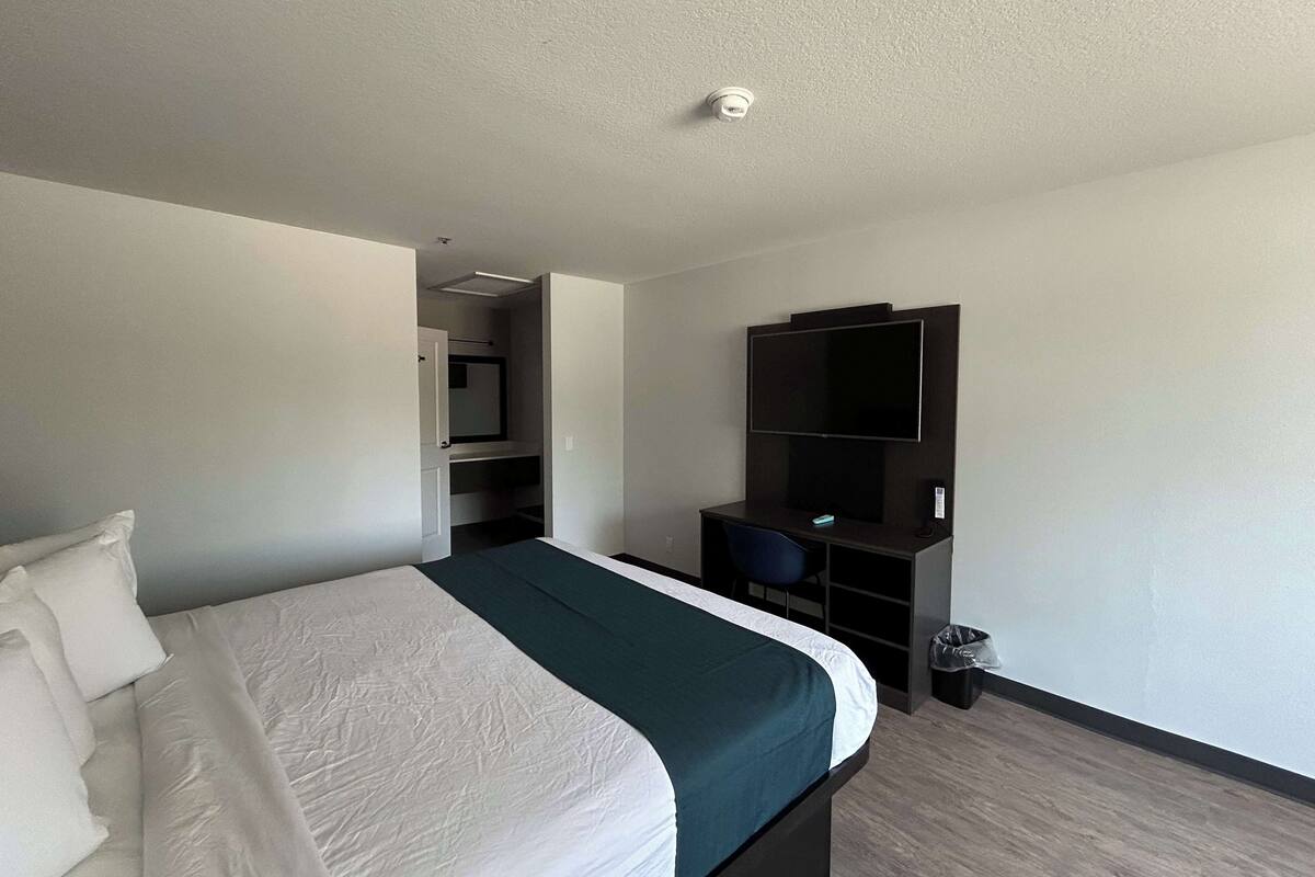 Una habitación de hotel moderna con una cama grande, un escritorio con silla, un televisor y un armario.