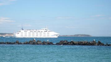 A large cruise ship docked at a pier with rocky breakwaters in the foreground.