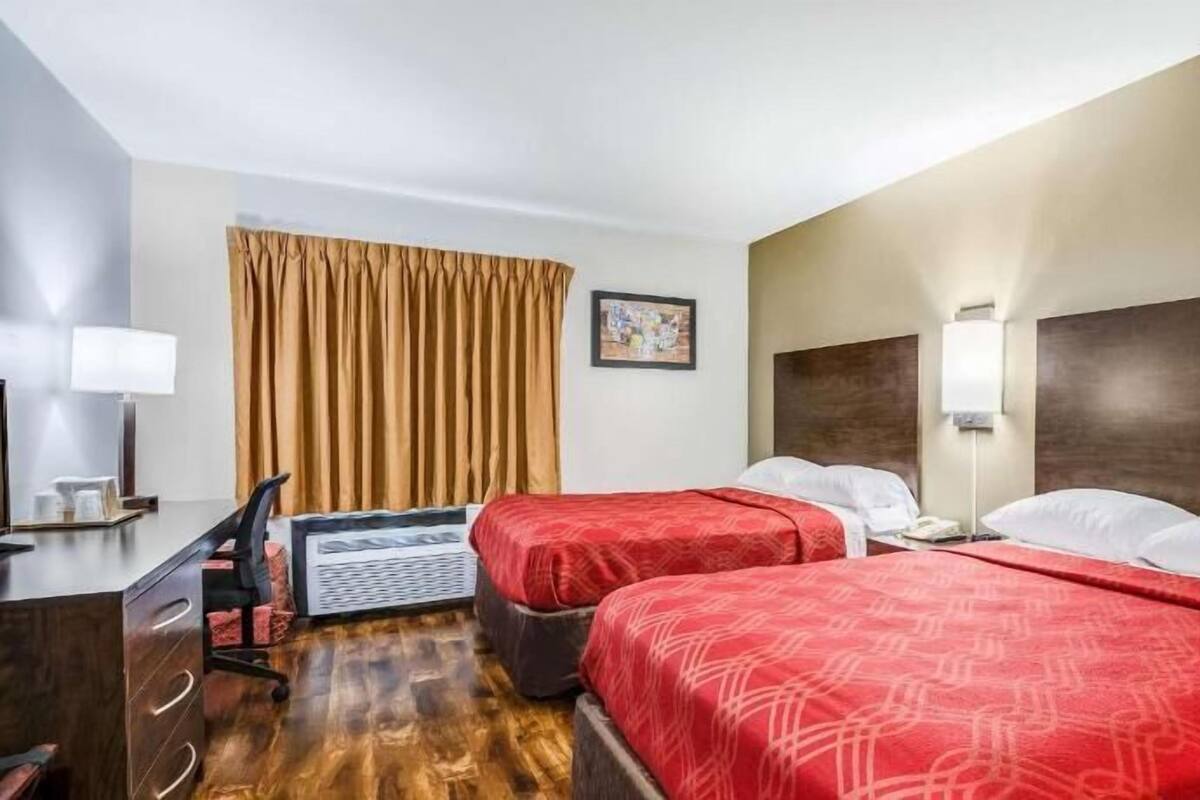 Habitación de hotel con dos camas, un escritorio, una silla, una lámpara, un cuadro en la pared y una ventana con cortinas.