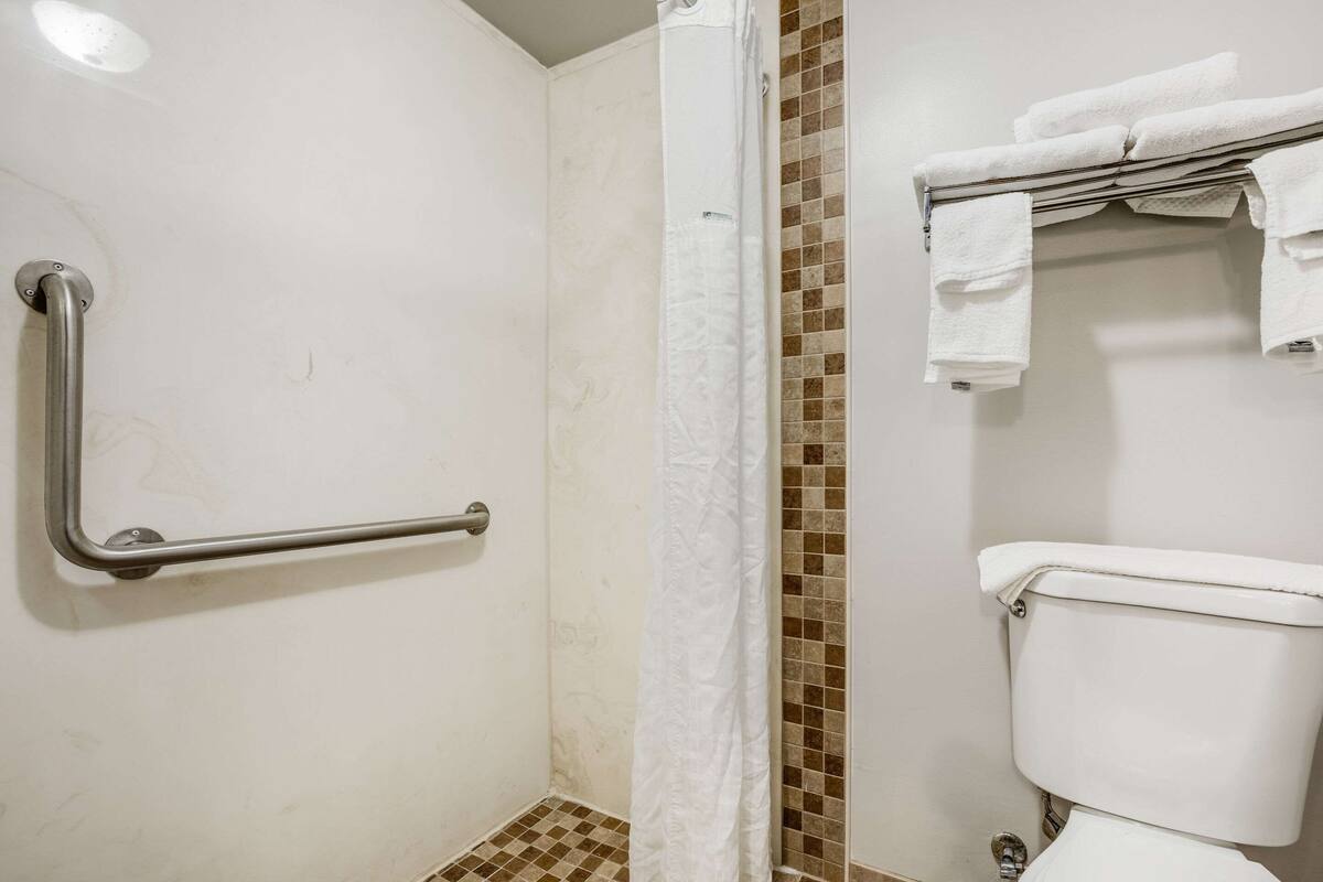 Un baño con ducha, barra de apoyo, inodoro y toallero.