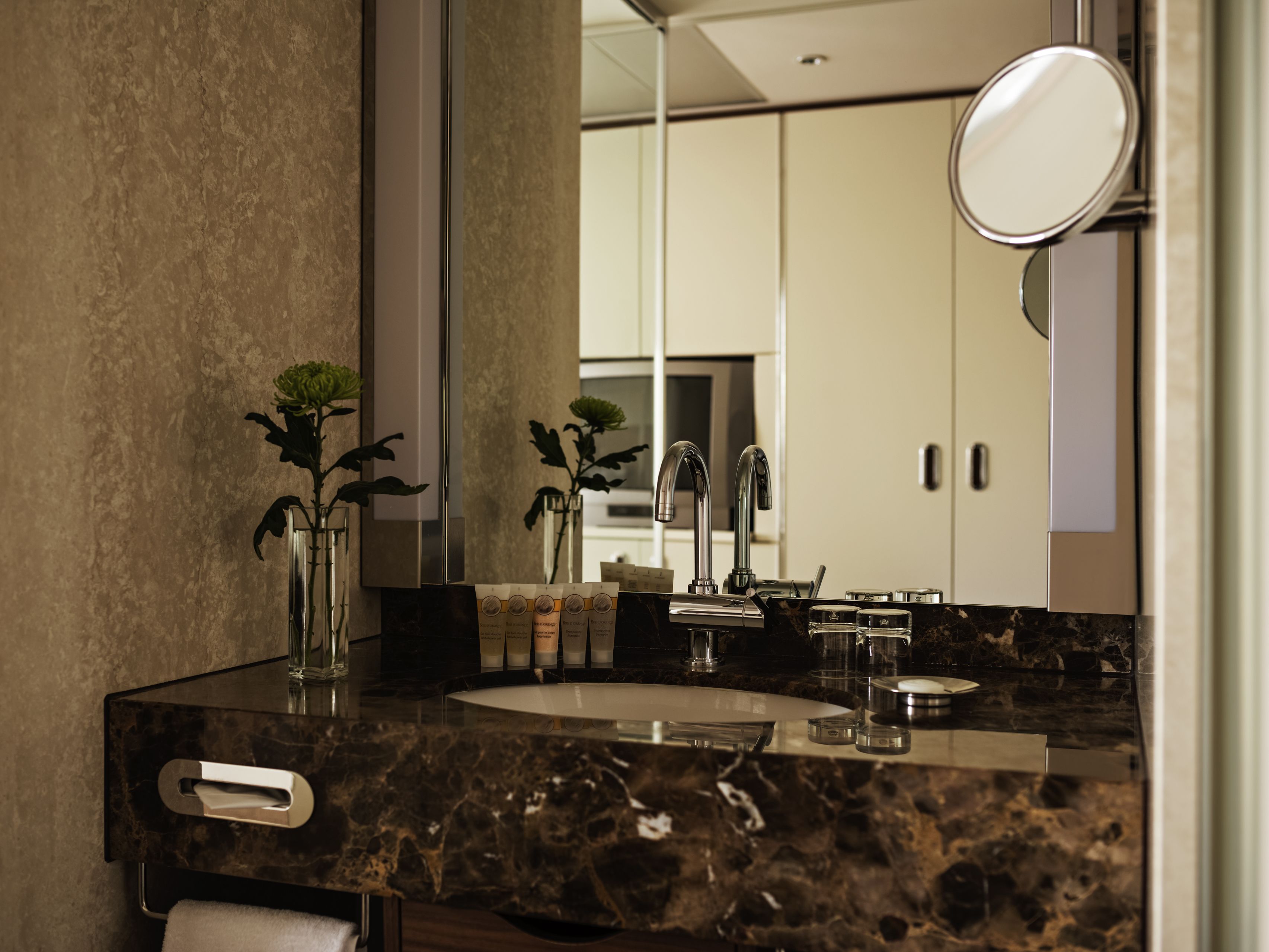 eco-friendly toiletries, hair dryer, towels