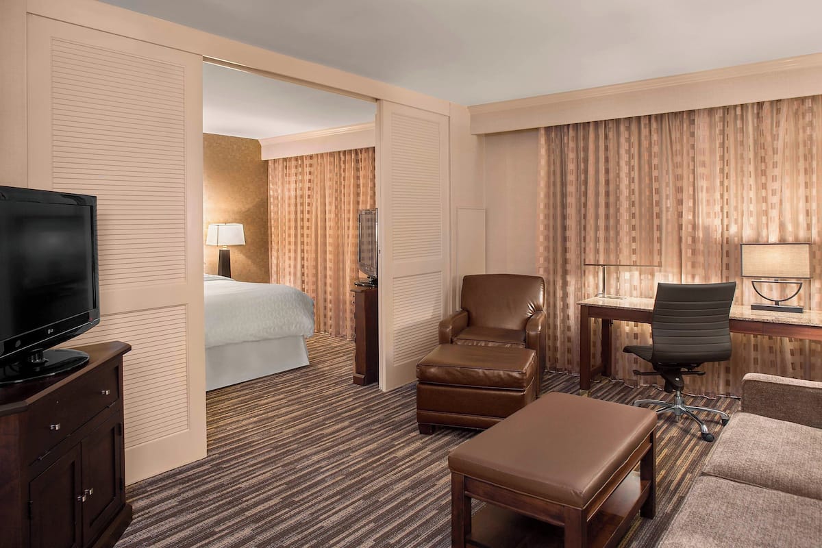 Une chambre d’hôtel comprenant un lit, un bureau, une chaise, une télévision et un canapé.