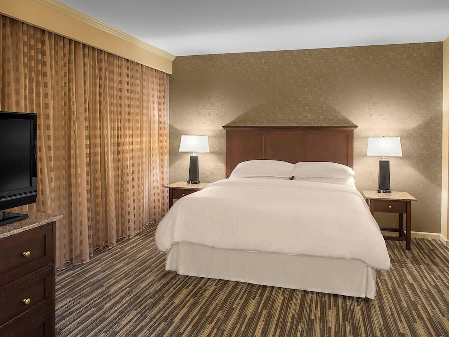 A hotel room with a large bed, two bedside tables with lamps, a TV on a dresser, and a carpeted floor.