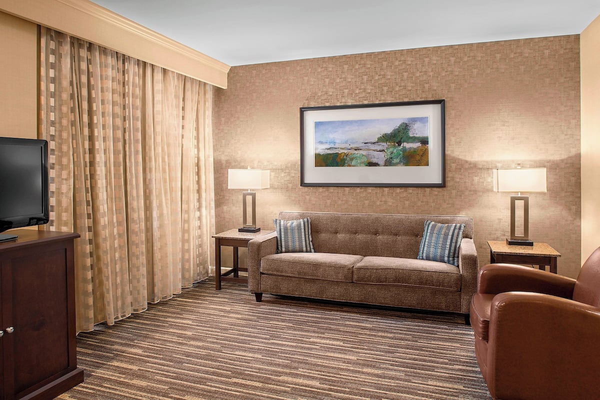 Une chambre d’hôtel avec un canapé, deux tables d’appoint avec des lampes, un téléviseur à écran plat, un grand tableau encadré au mur et une moquette à motifs.