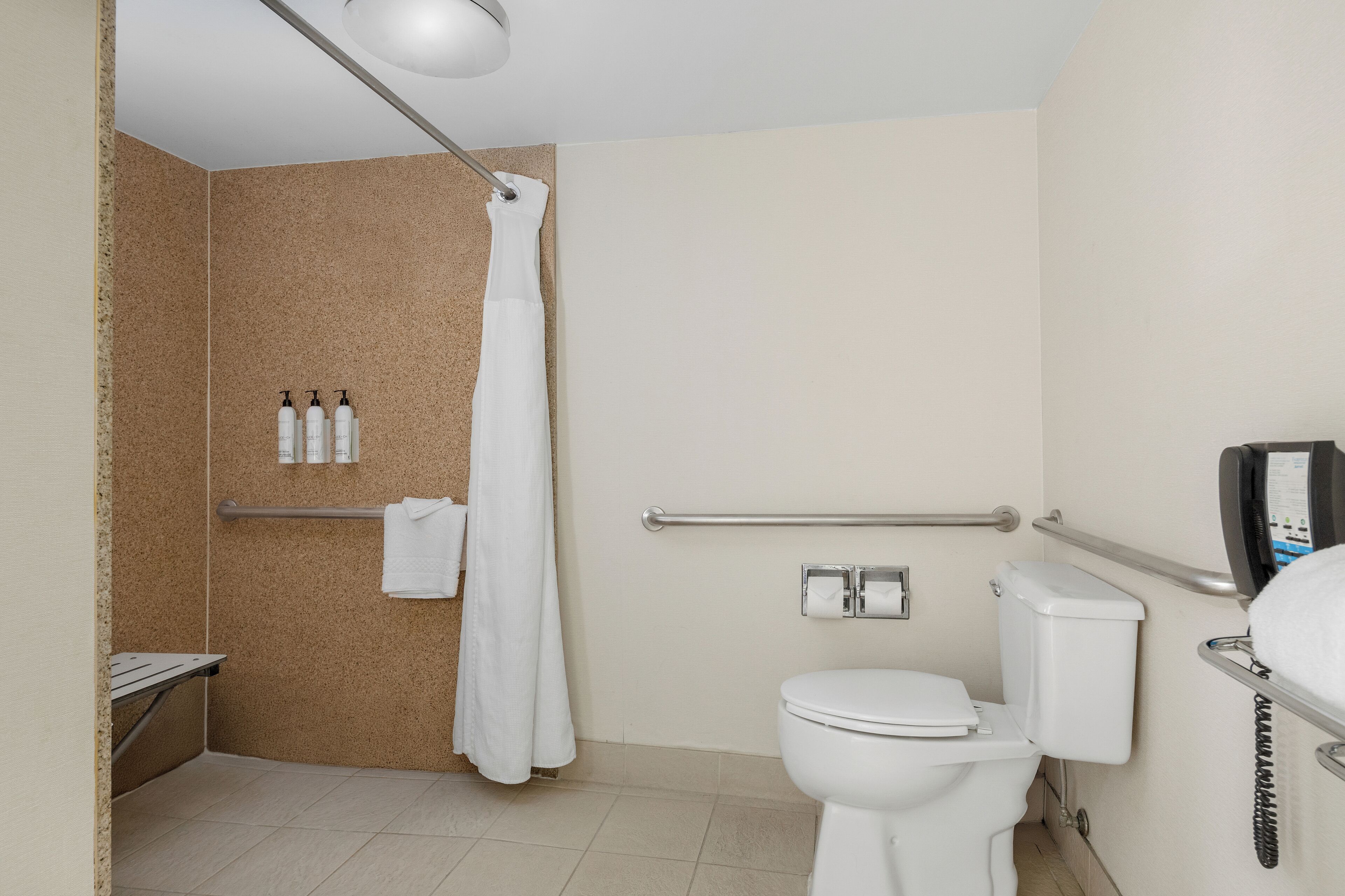 combined shower/bathtub, free toiletries, hair dryer, towels