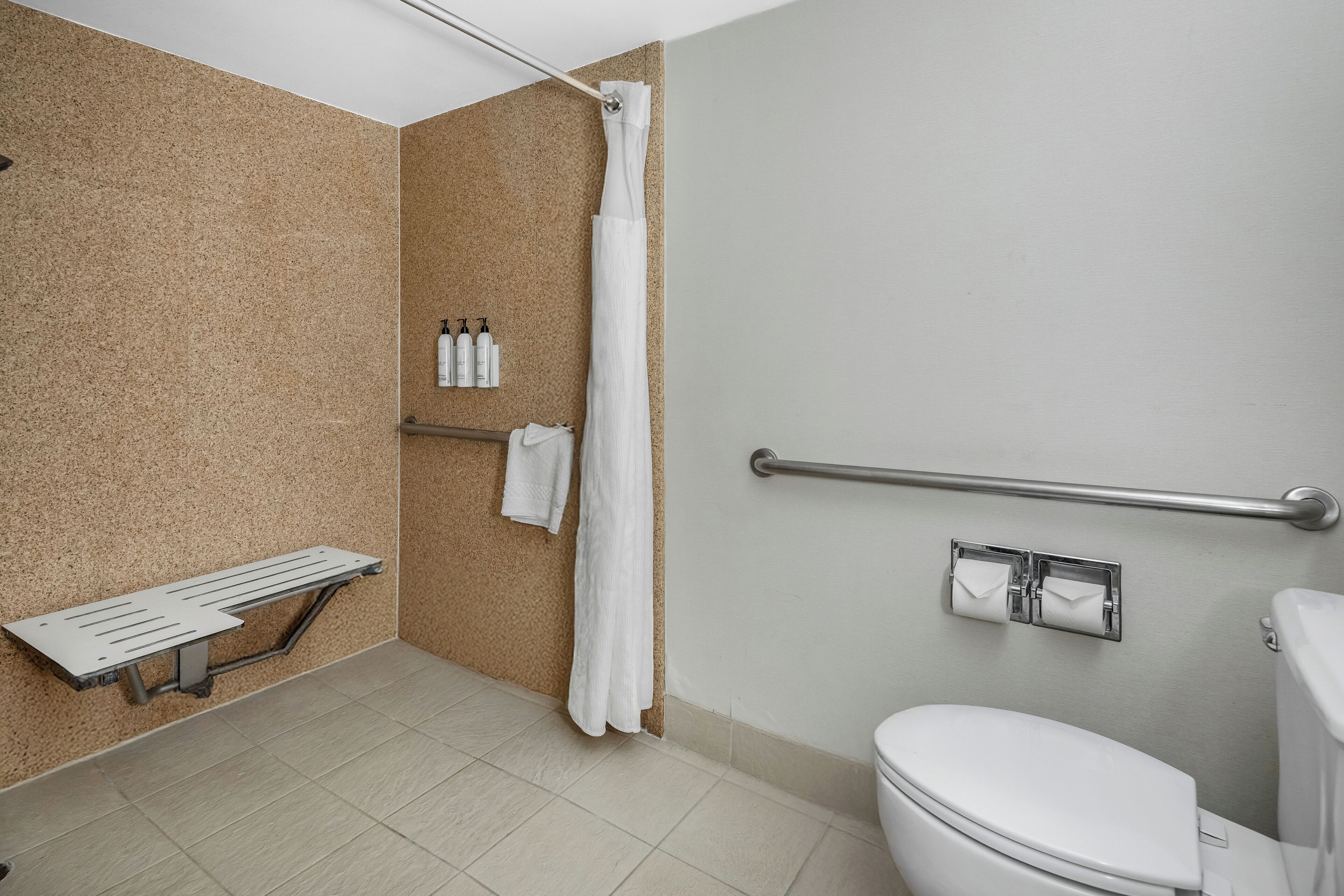 combined shower/bathtub, free toiletries, hair dryer, towels