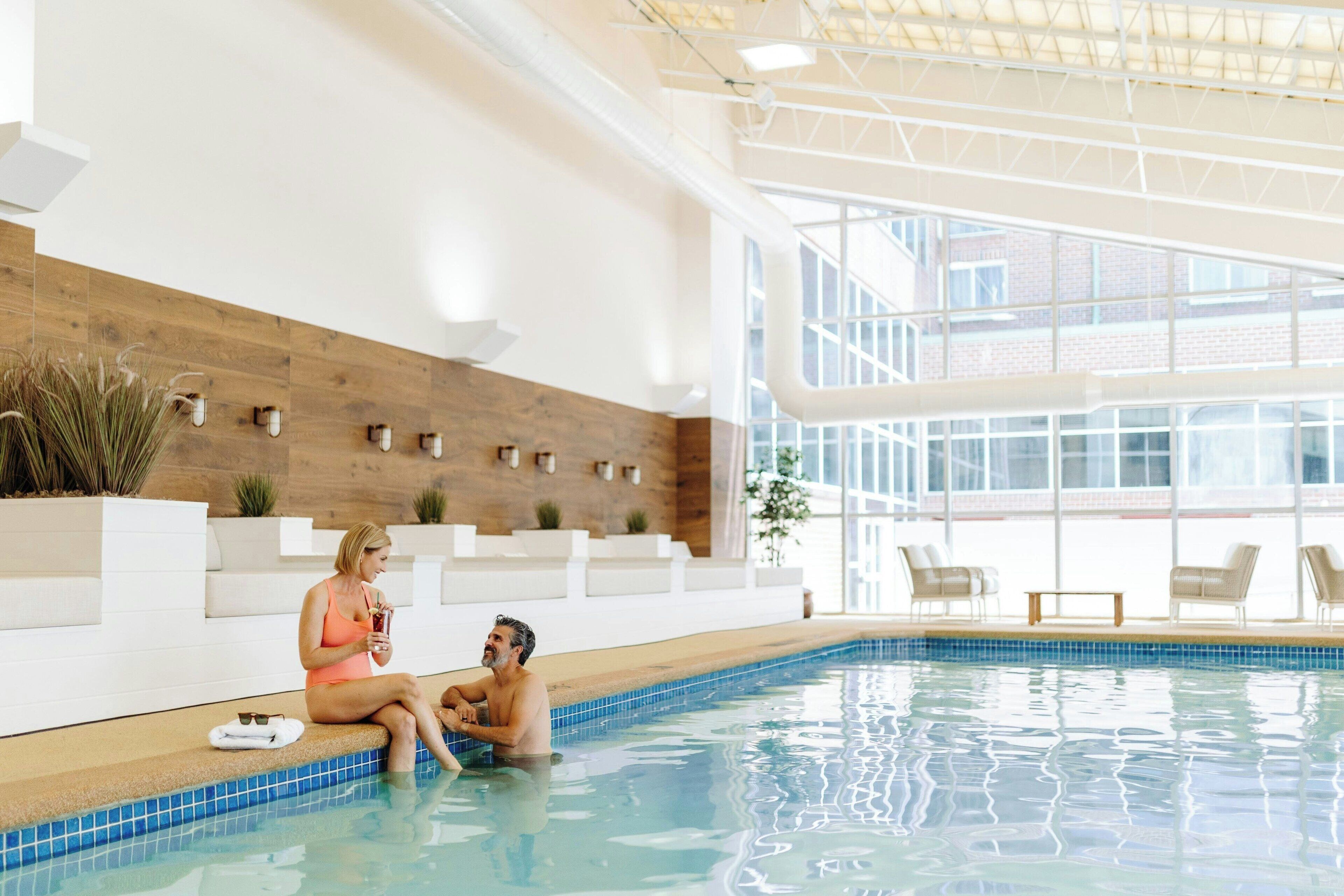 Indoor pool, open 7:00 AM to 10:00 PM, sun loungers