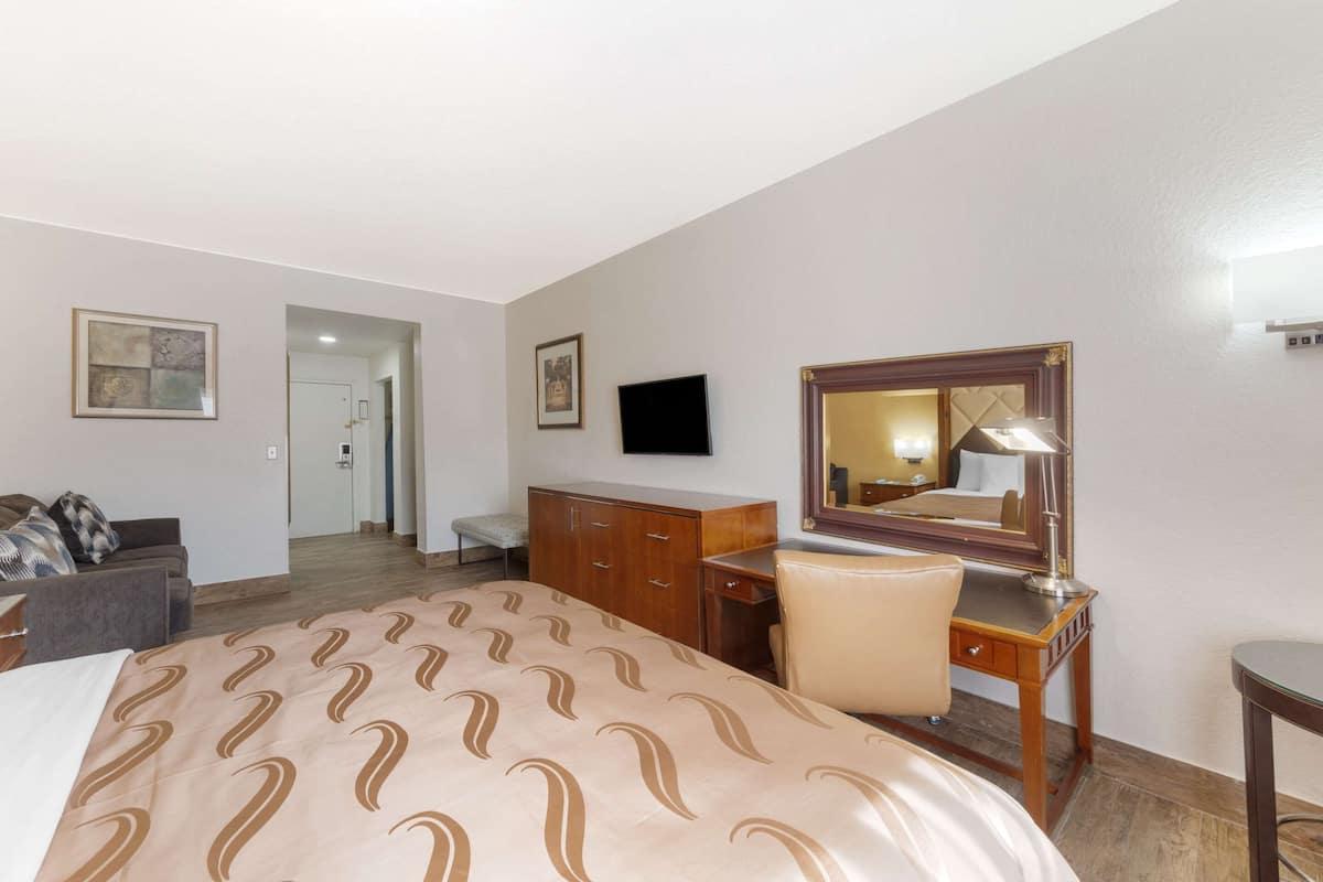 1 King Bed, Nonsmoking, Interior Corridor | Desk, laptop workspace, iron/ironing board, free cribs/infant beds