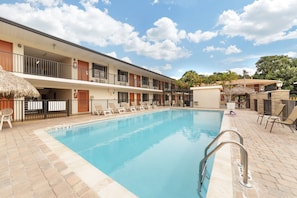 Outdoor pool, a heated pool, open 8:00 AM to 8:30 PM, sun loungers
