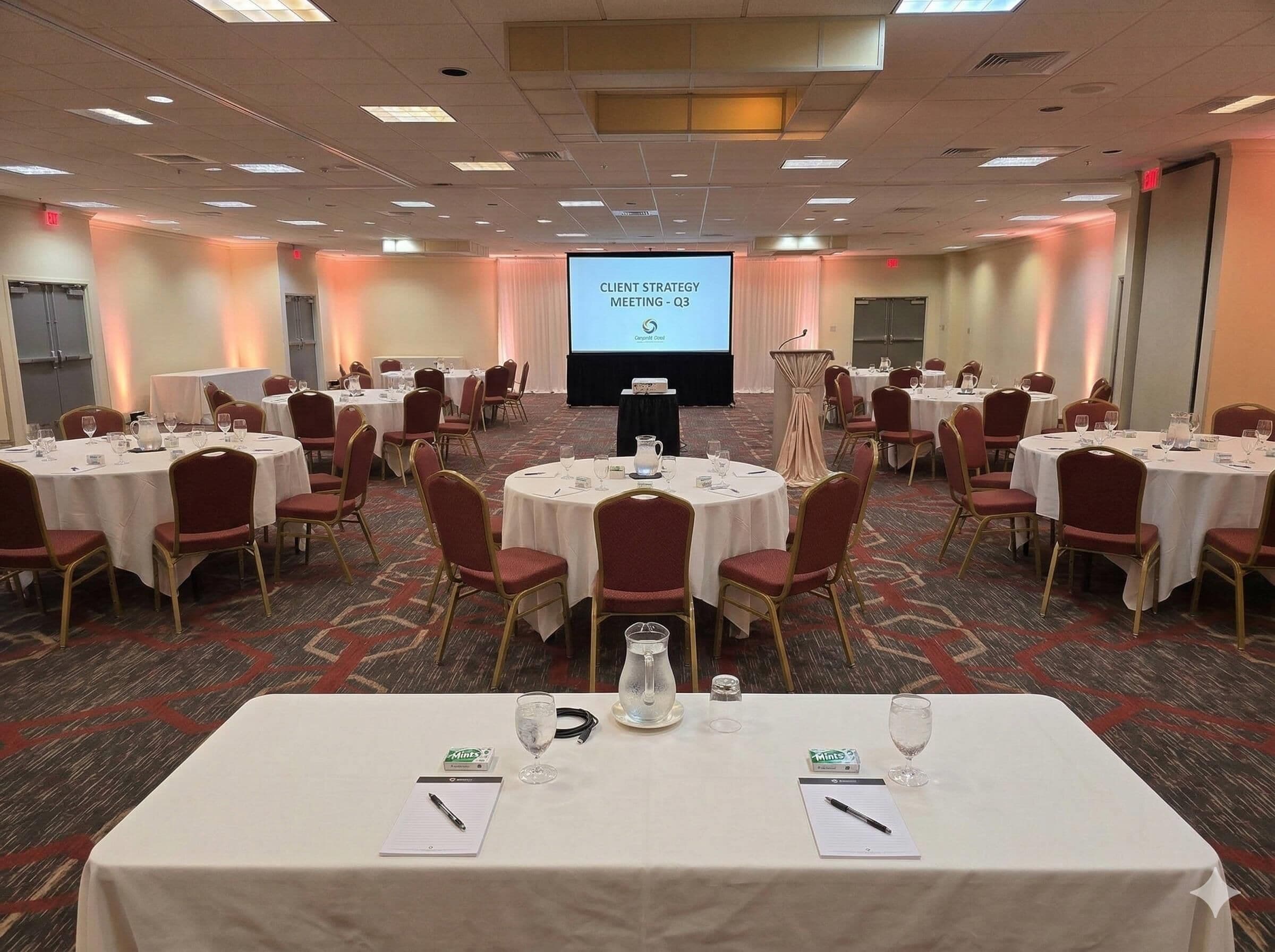 Uma sala de conferências com mesas redondas, cadeiras e um ecrã de apresentação.