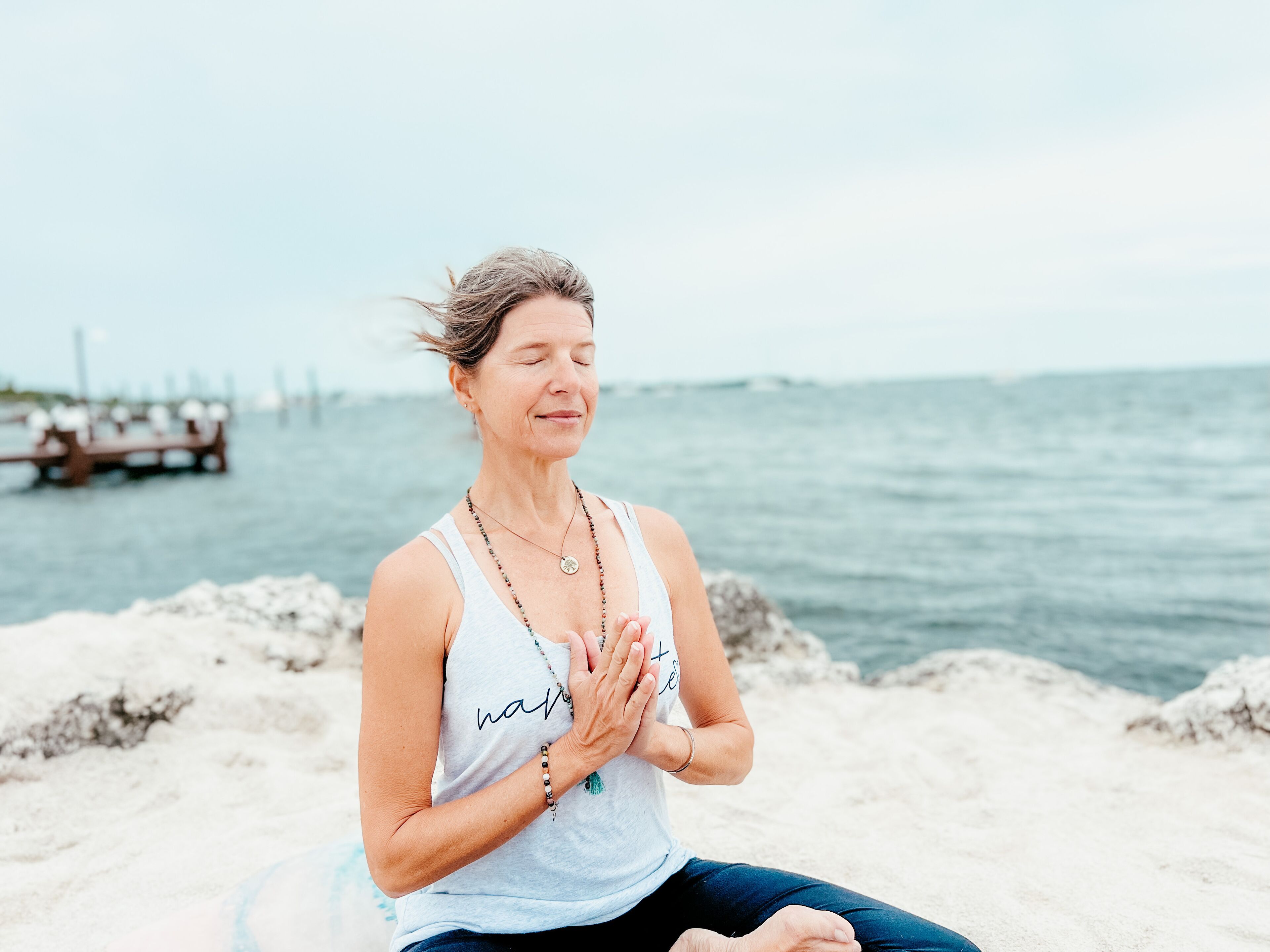 A person sitting on a sandy beach with a body of water and a pier in the background.