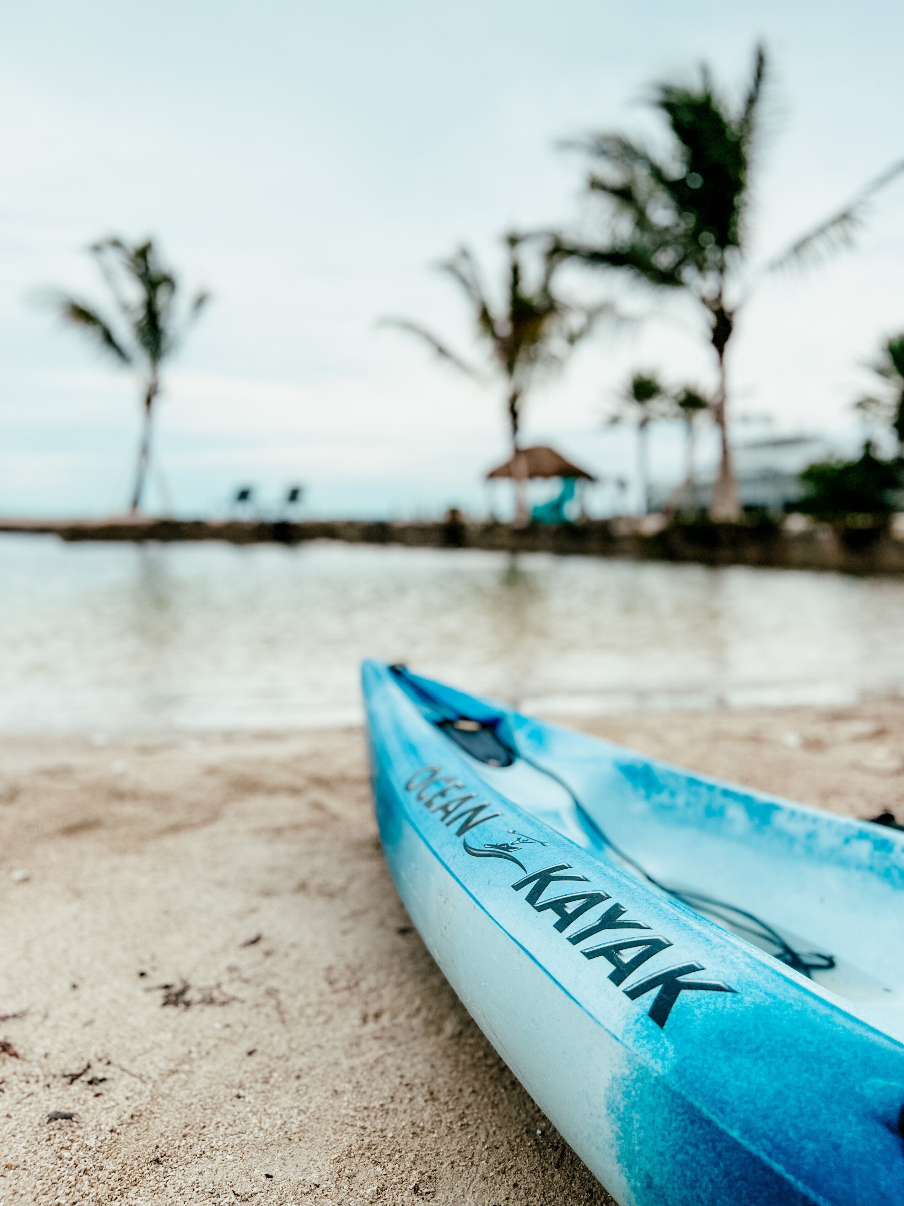 A blue kayak with "Ocean Kayak" written on it, placed on a sandy beach with palm trees and a body of water in the background.