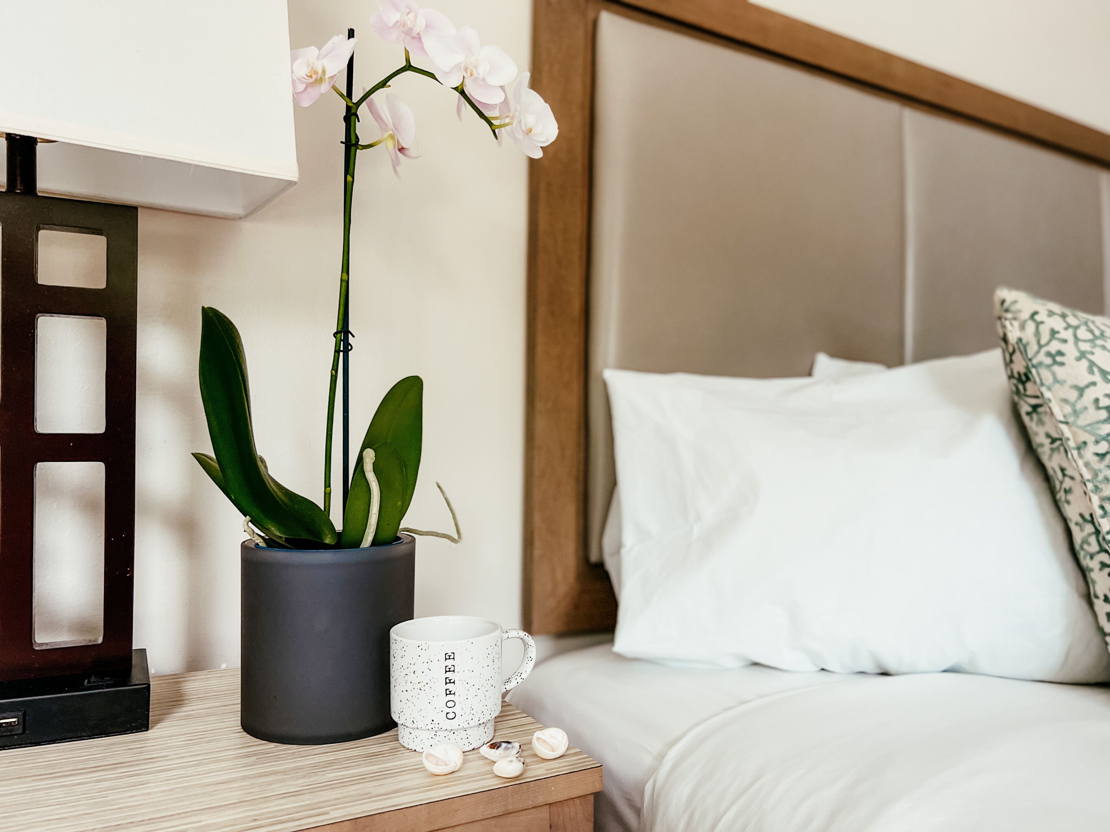 Een keurig opgemaakt bed met witte lakens, een nachtkastje met een koffiemok, een bloeiende orchidee in pot en een lamp.