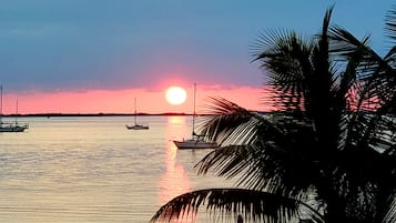 Un atardecer sobre aguas tranquilas con barcos y palmeras.
