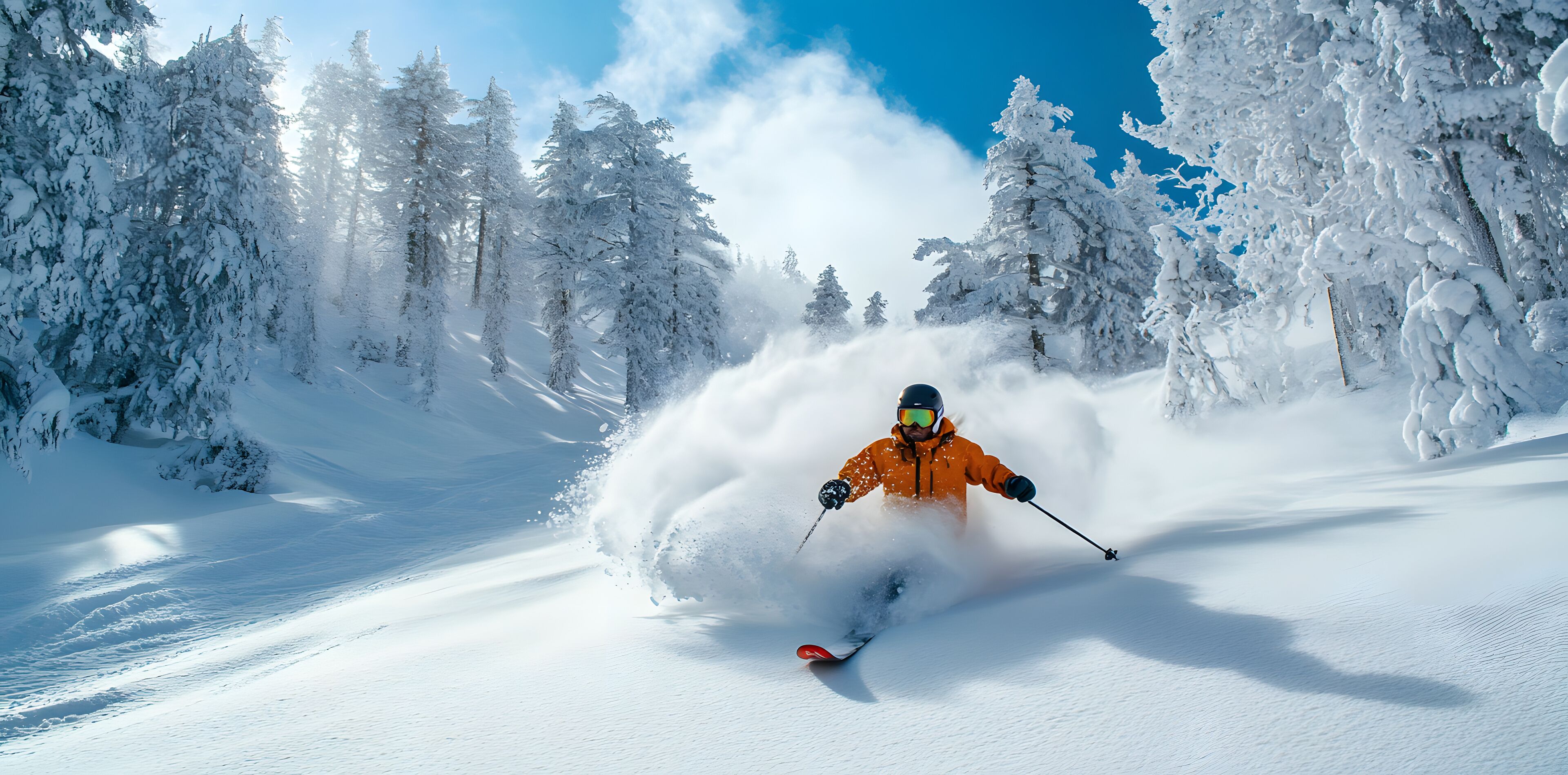 A snowy landscape with a skier in motion.