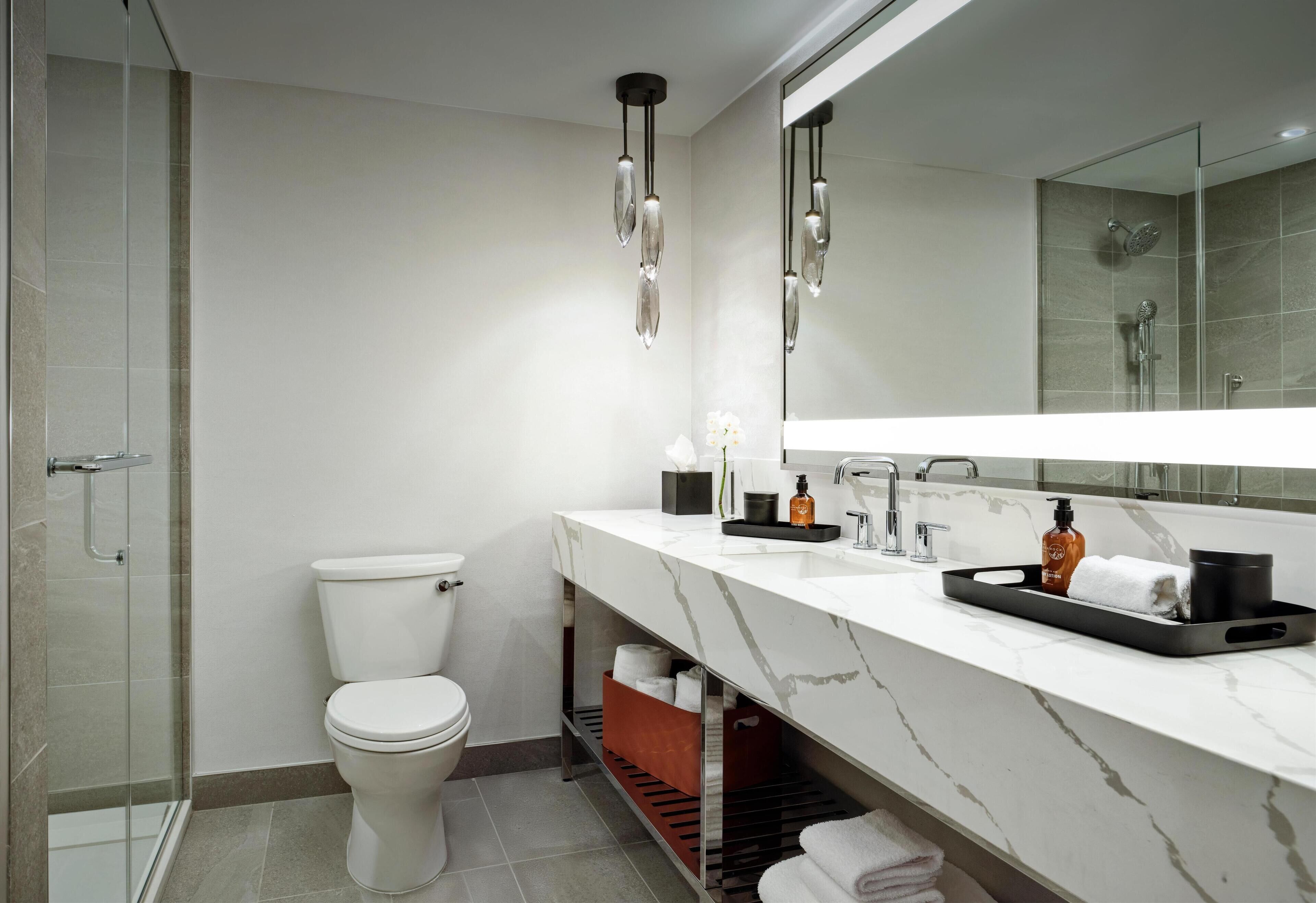 A modern bathroom with a toilet, shower, and vanity.