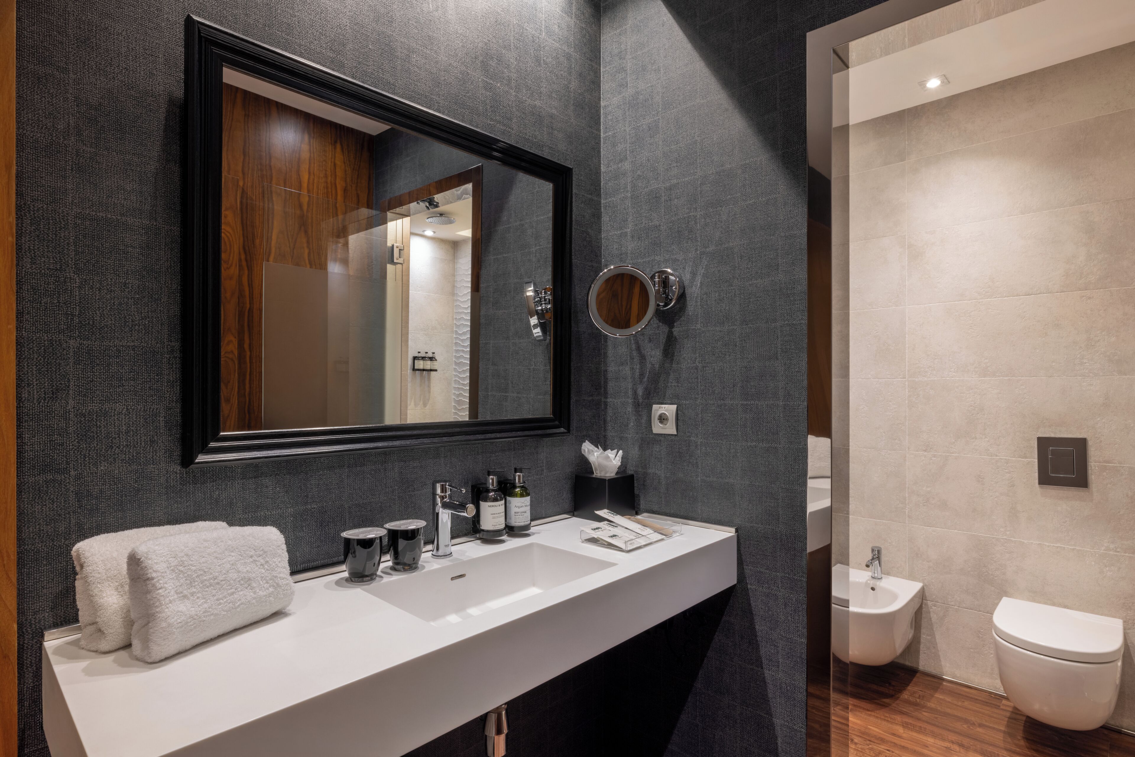 A modern bathroom with a large mirror, white sink, and a bidet.