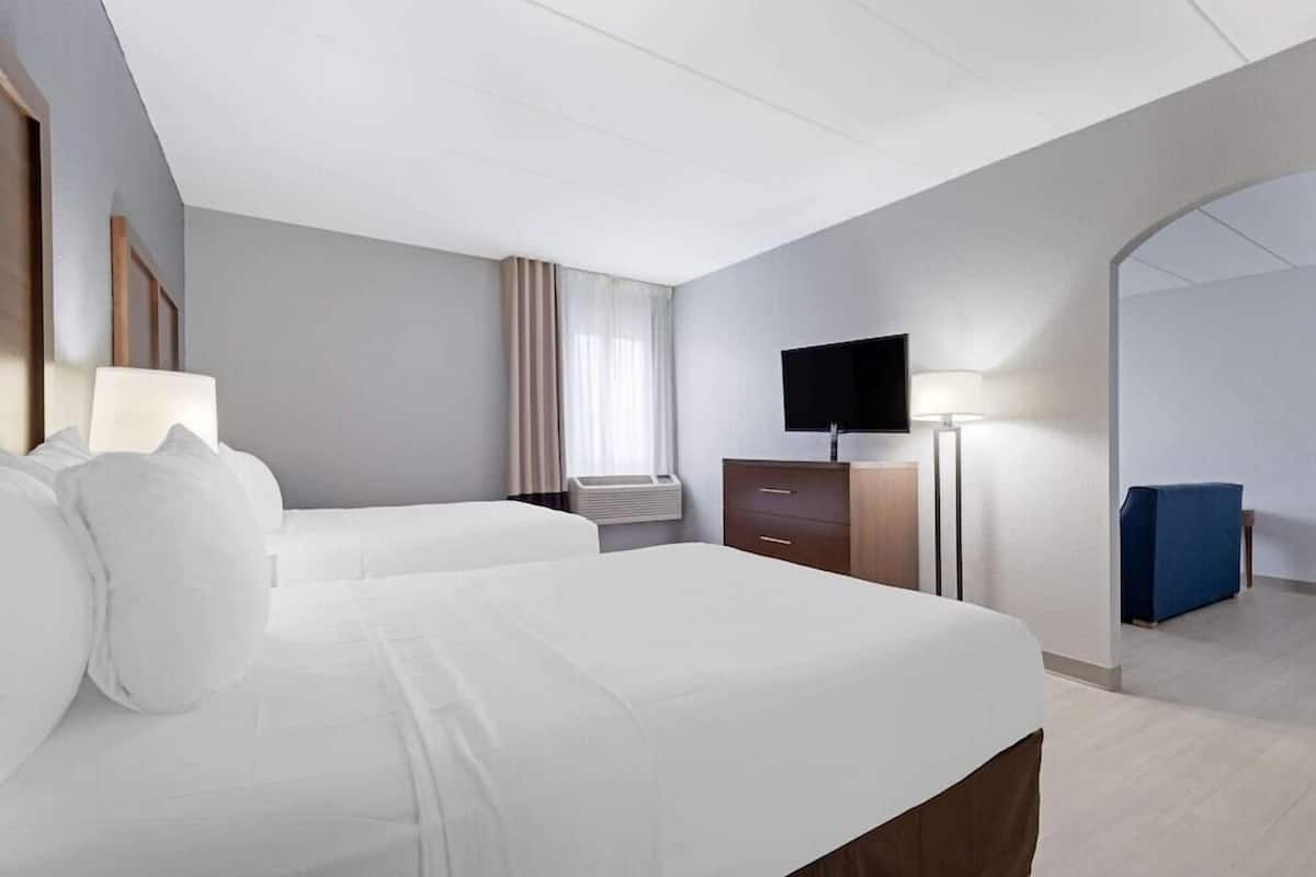A hotel room with two beds, a flat-screen TV, a desk with a lamp, and a wardrobe.