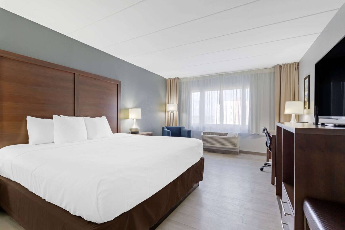 A hotel room with a large bed, a desk, a chair, a TV, and a window with curtains.