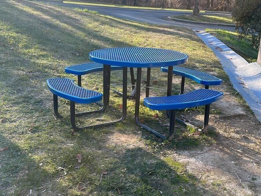 A picnic area with four blue metal tables and benches, surrounded by grass and trees.