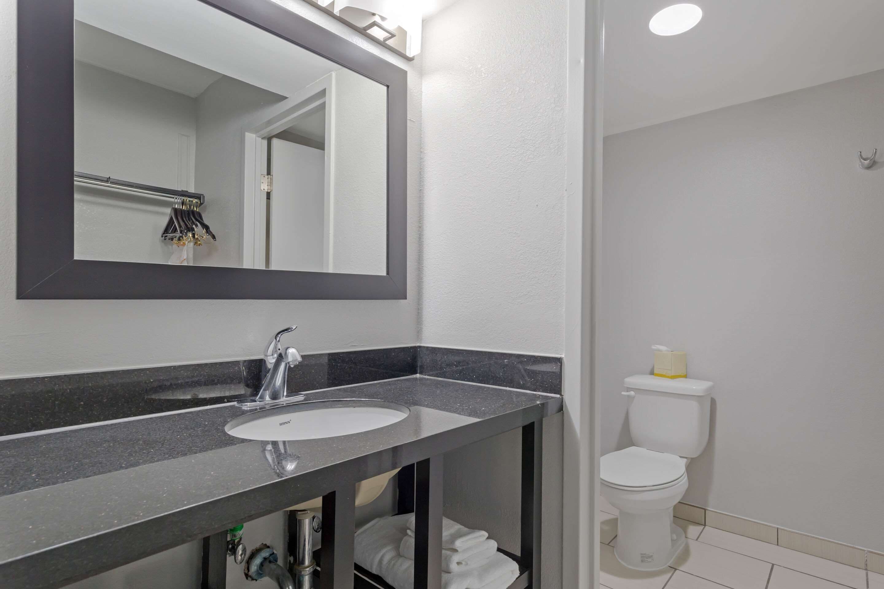 A bathroom with a sink, mirror, and toilet.