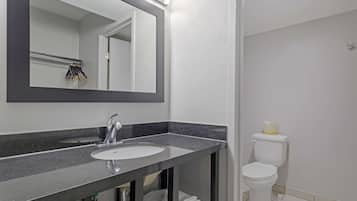 A bathroom with a sink, mirror, and toilet.