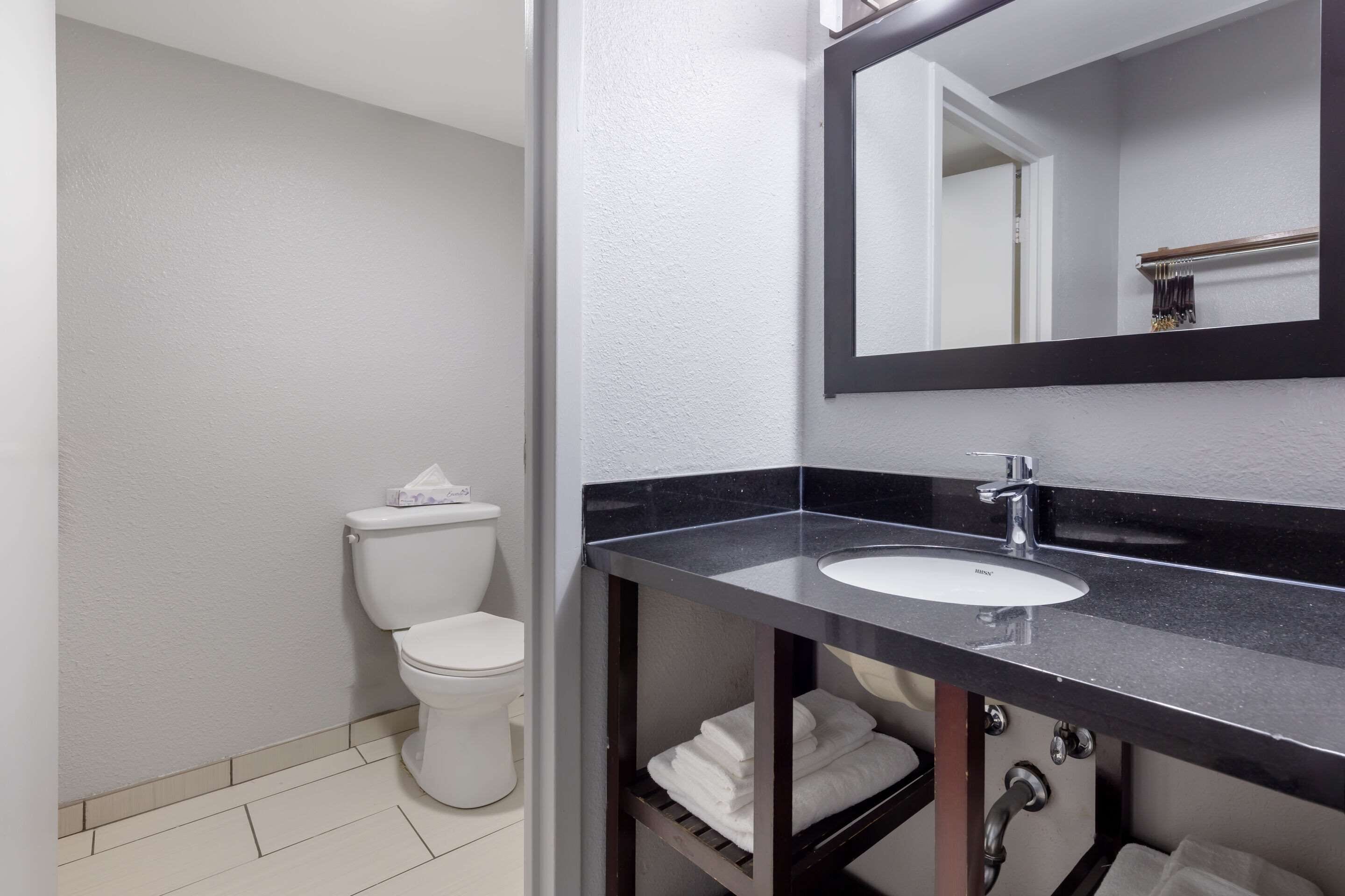 A modern bathroom with a white toilet, a black countertop sink, and a mirror above it.