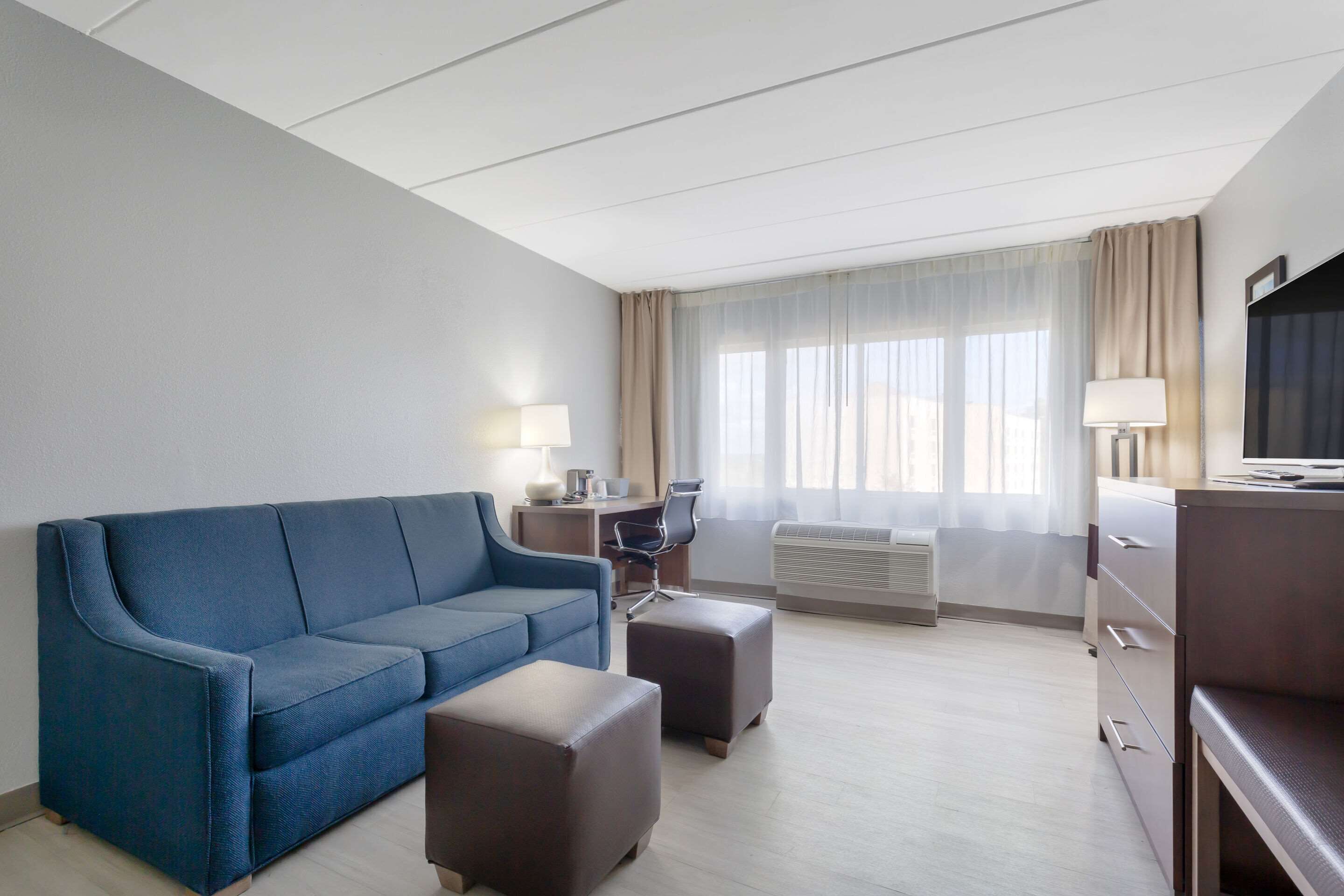 A hotel room with a blue sofa, a desk with a chair, a TV, and a large window with curtains.