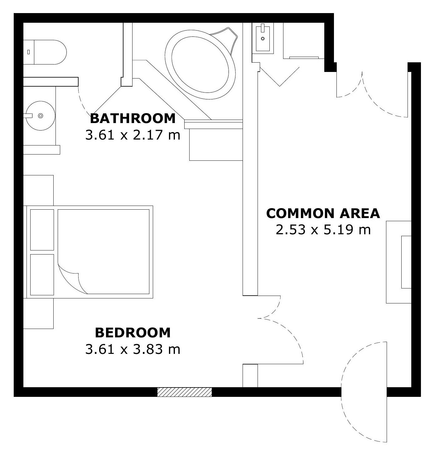 A floor plan with a bathroom (3.61 x 2.17 m), a common area (2.53 x 5.19 m), and a bedroom (3.61 x 3.83 m).