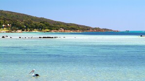 A beach with clear shallow waters, a distant hill with vegetation, and a few scattered rocks. - Bay Village Resort Dunsborough (Dunsborough)