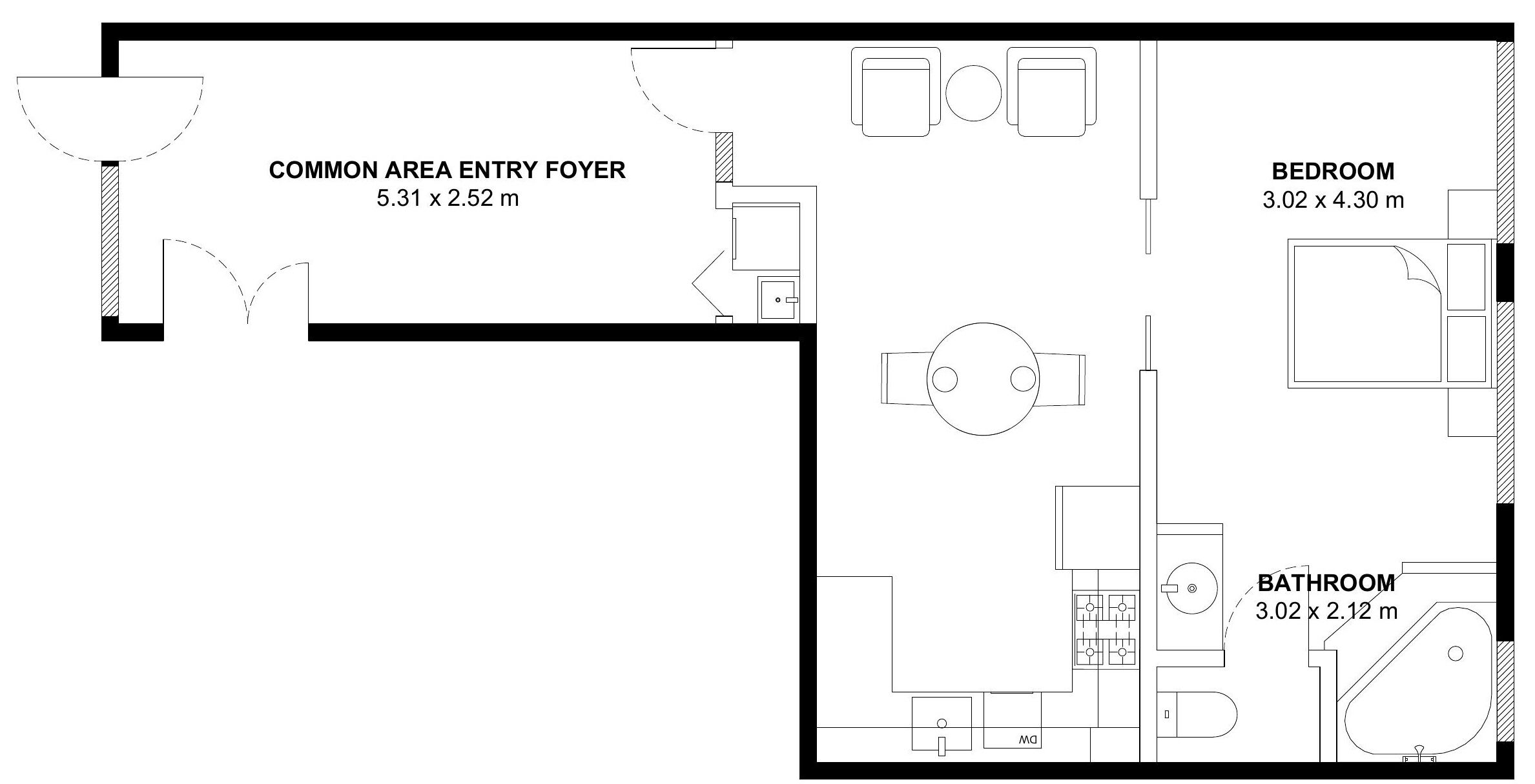 A floor plan with a common area entry foyer, bedroom, and bathroom.