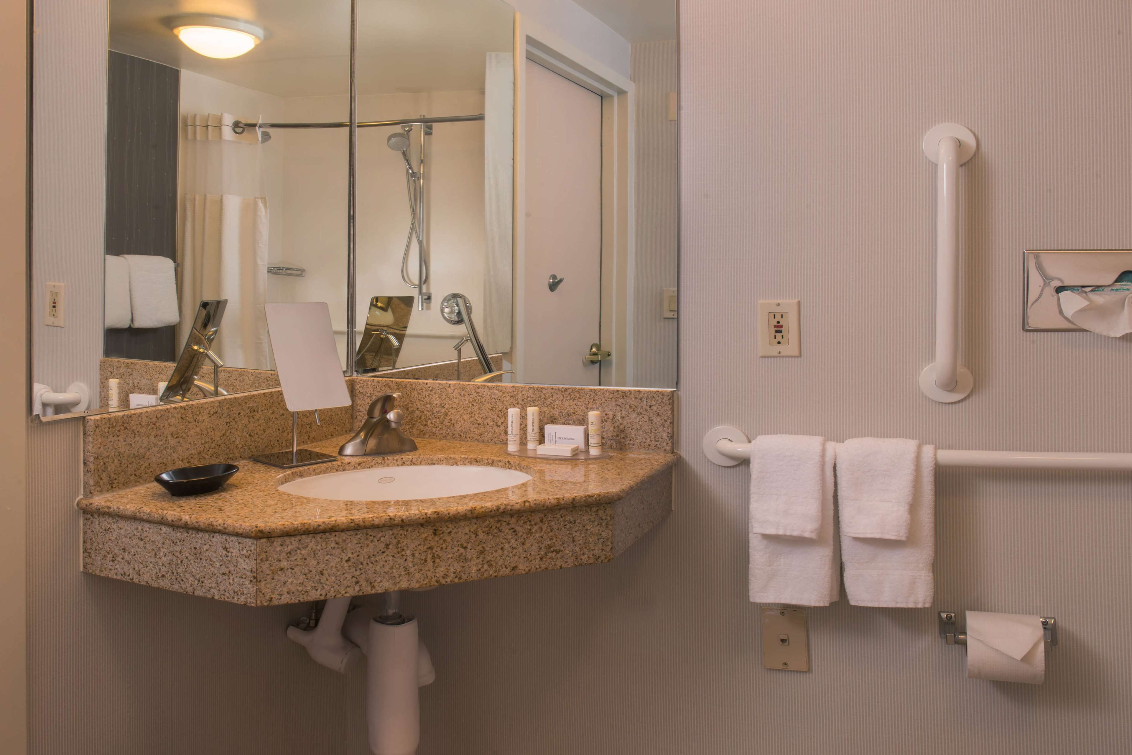 combined shower/bathtub, free toiletries, hair dryer, towels