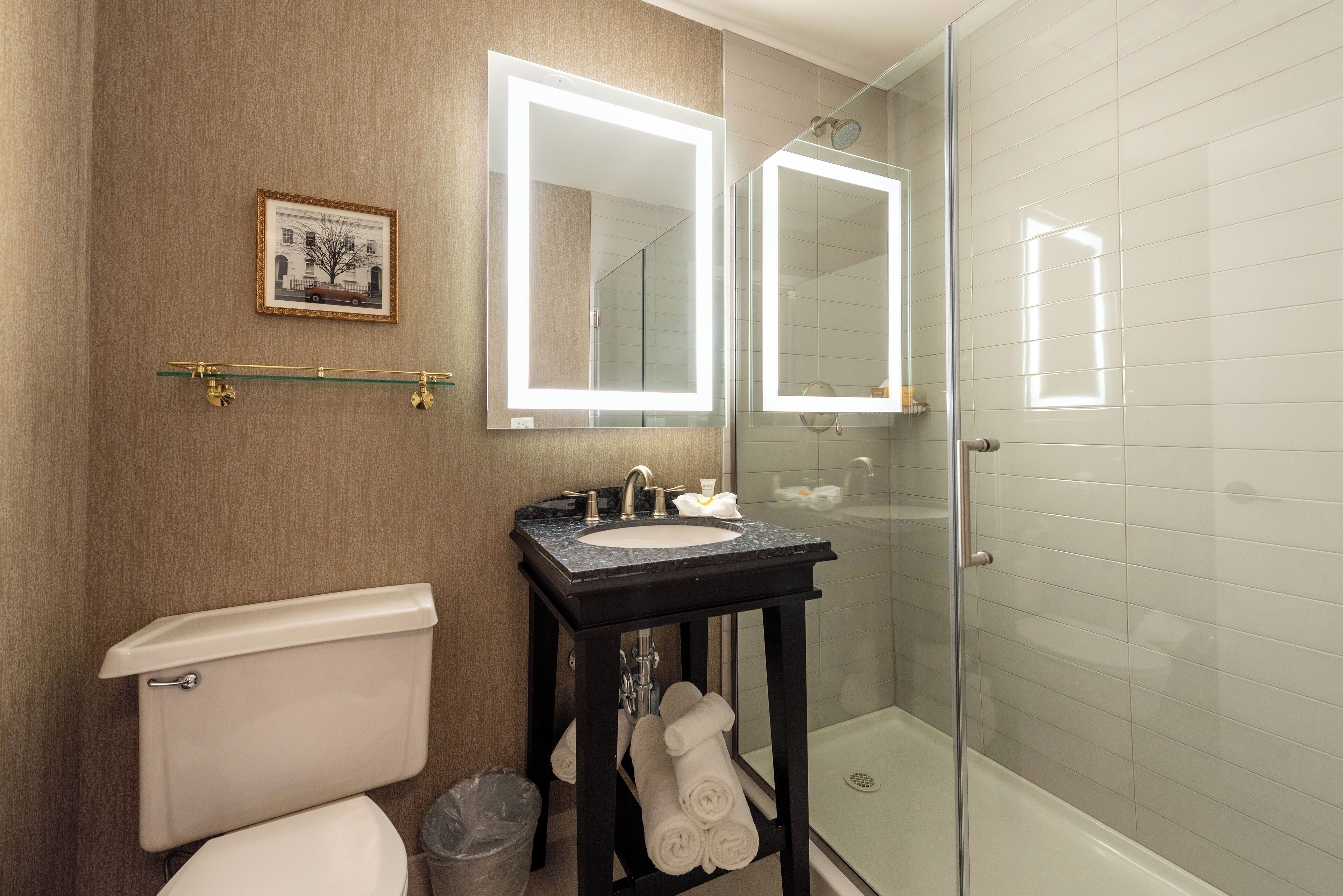 shower, free toiletries, hair dryer, towels