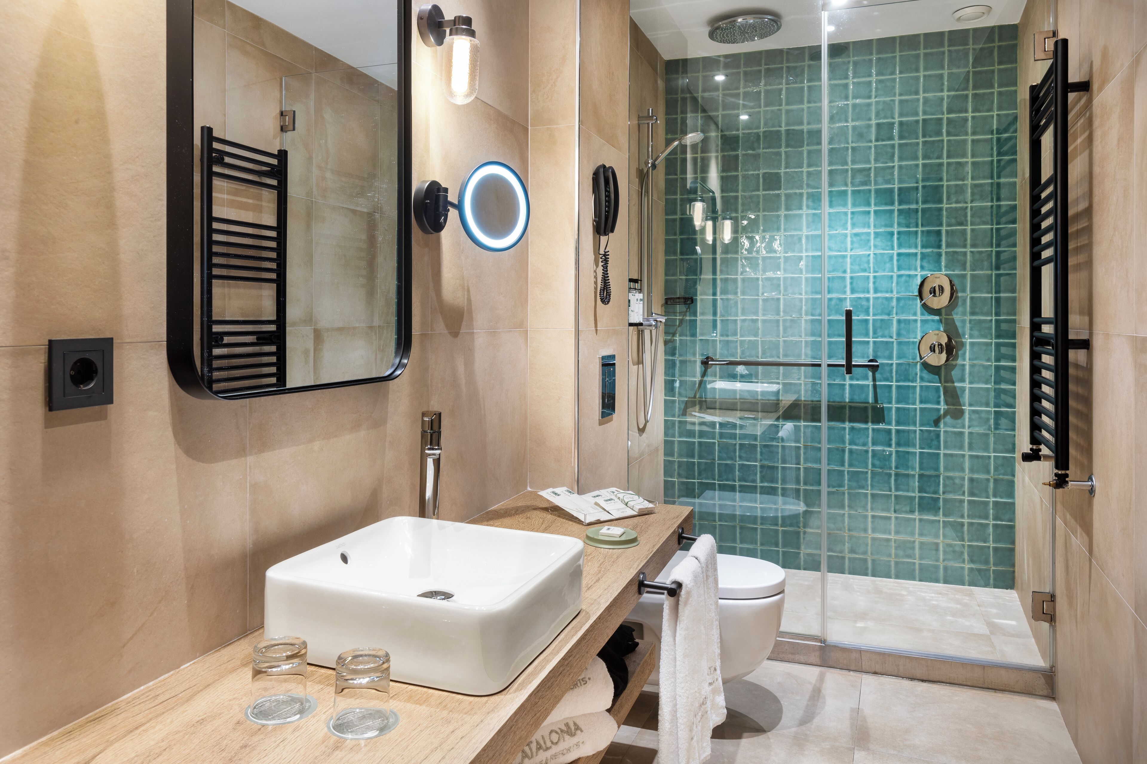 eco-friendly toiletries, hair dryer, bidet, towels