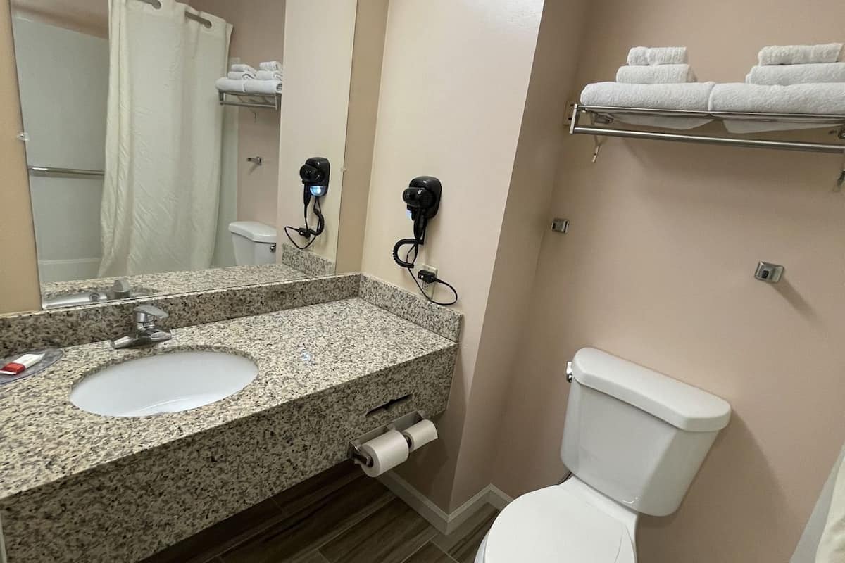 Ein Badezimmer mit Granitwaschtisch, Toilette, Fön und Handtuchhalter.
