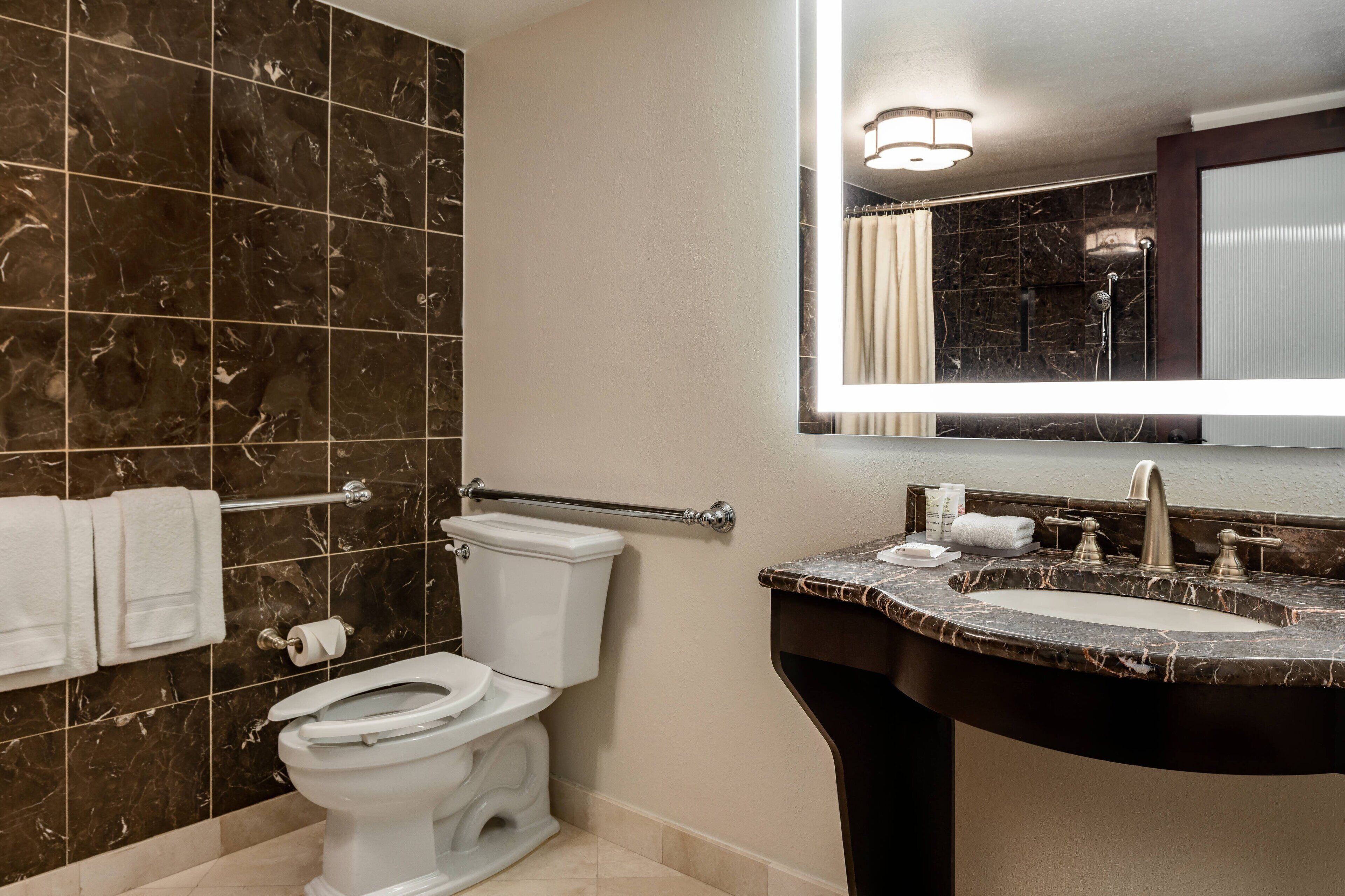 A bathroom with a toilet, sink, and mirror.
