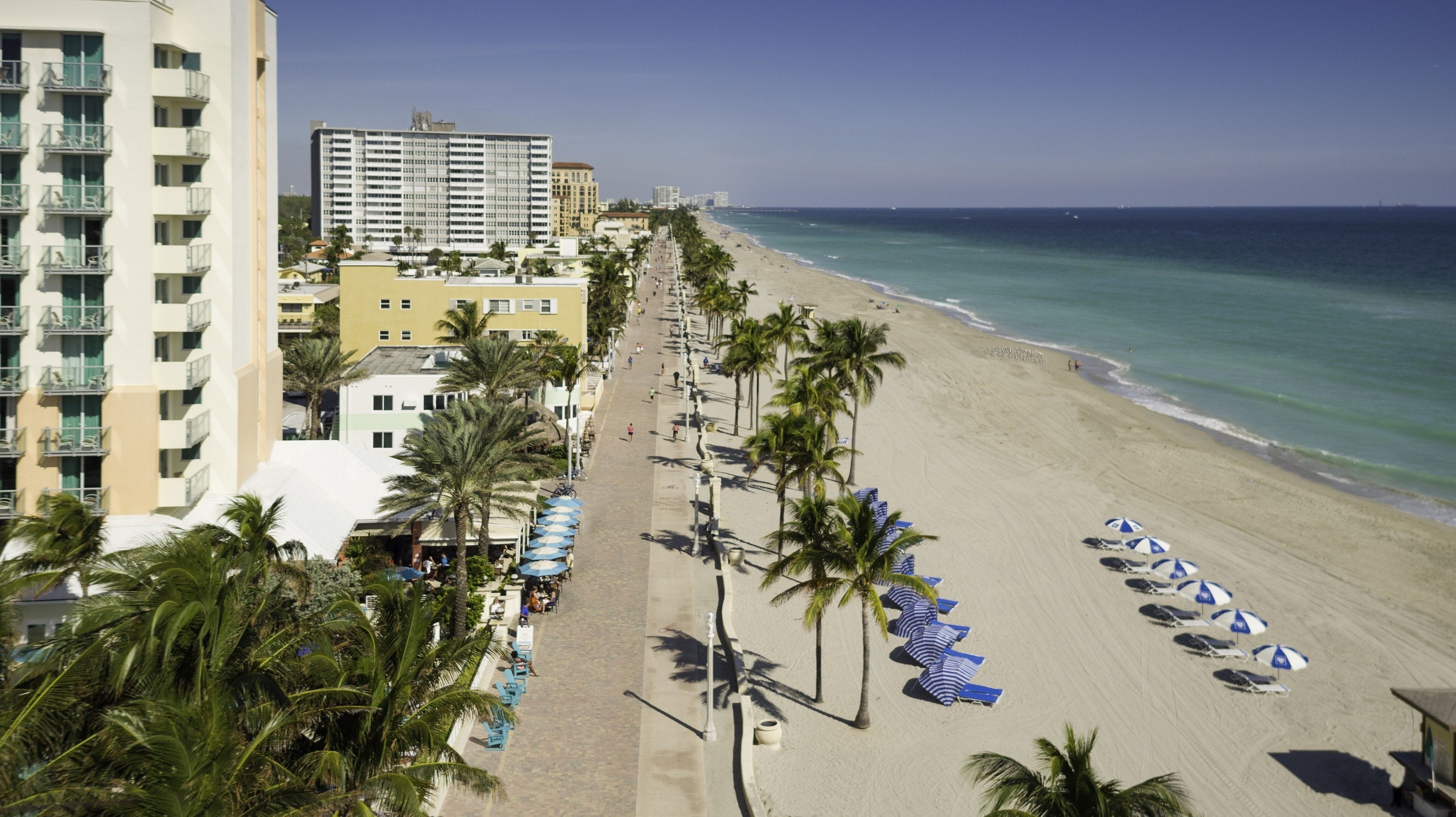 Een hotel aan het strand met een lange promenade beplant met palmbomen en strandparasols.