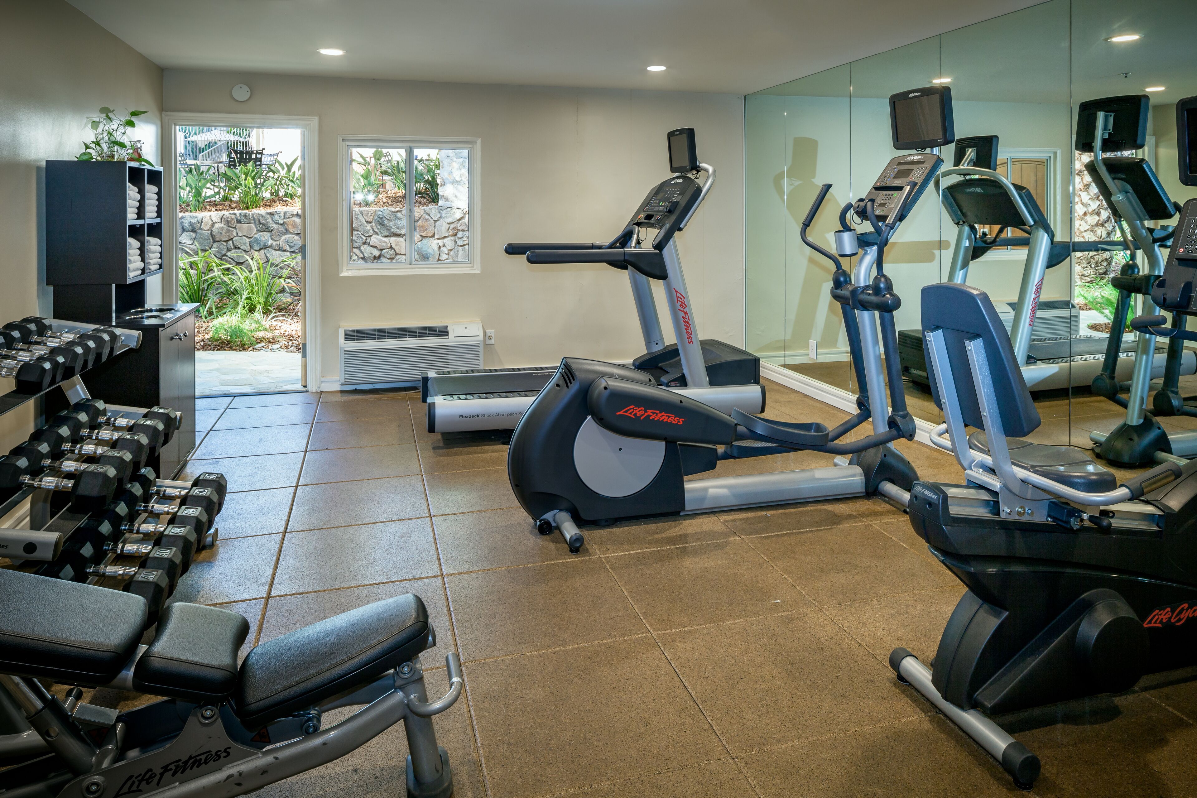A gym with treadmills, elliptical machines, and dumbbells.