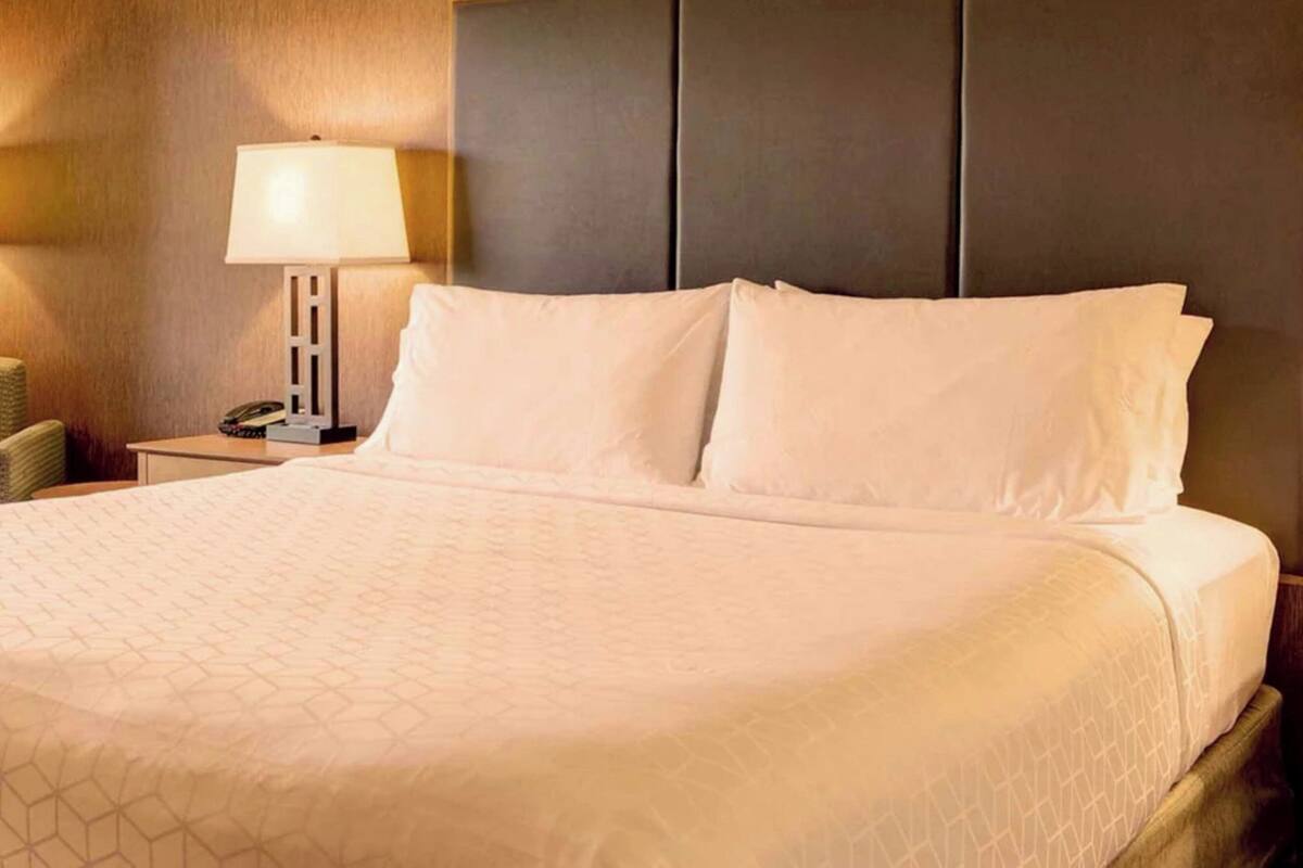 A hotel room with a large bed, a bedside lamp, and a telephone on the nightstand.