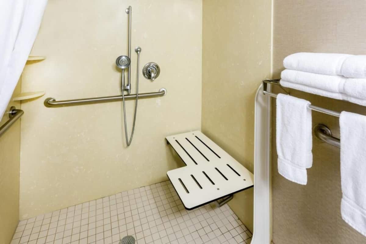 Mobility Accessible 1 Queen, Roll-In Shower | Bathroom | Combined shower/tub, hair dryer, towels