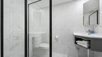 Et moderne badeværelse med et glasvægshus til bruseniche, et hvidt toilet og en vask med et spejl over.