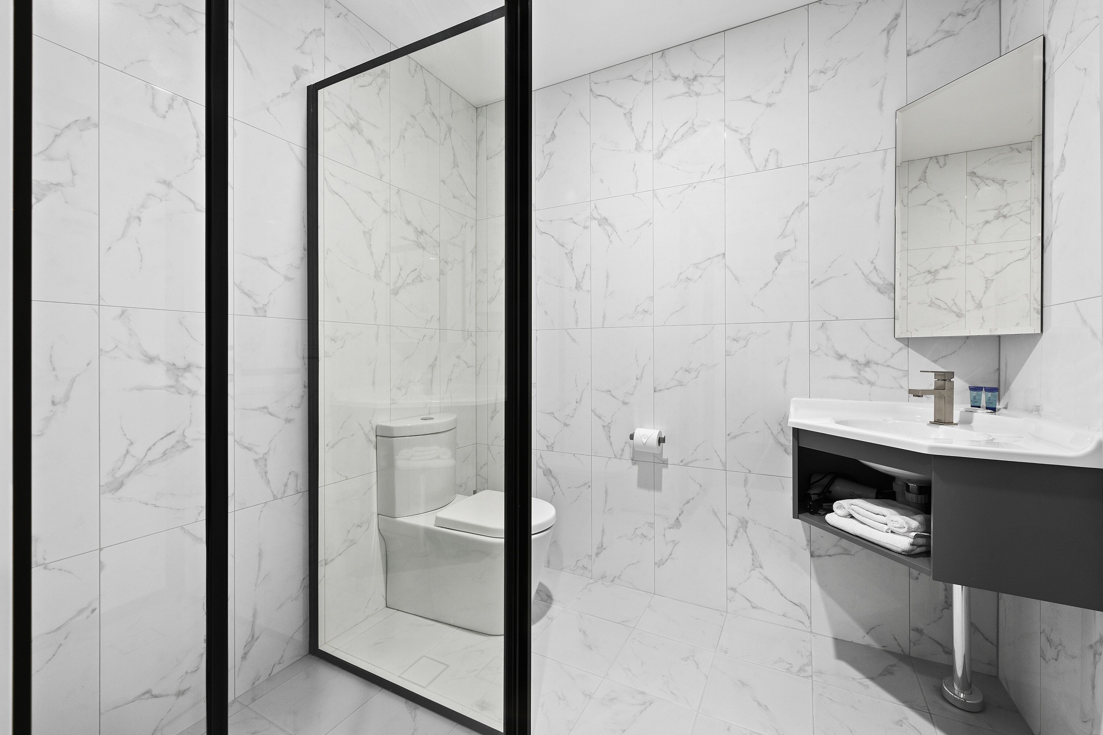 A modern bathroom with a glass shower enclosure, a toilet, and a sink with a mirror above it.