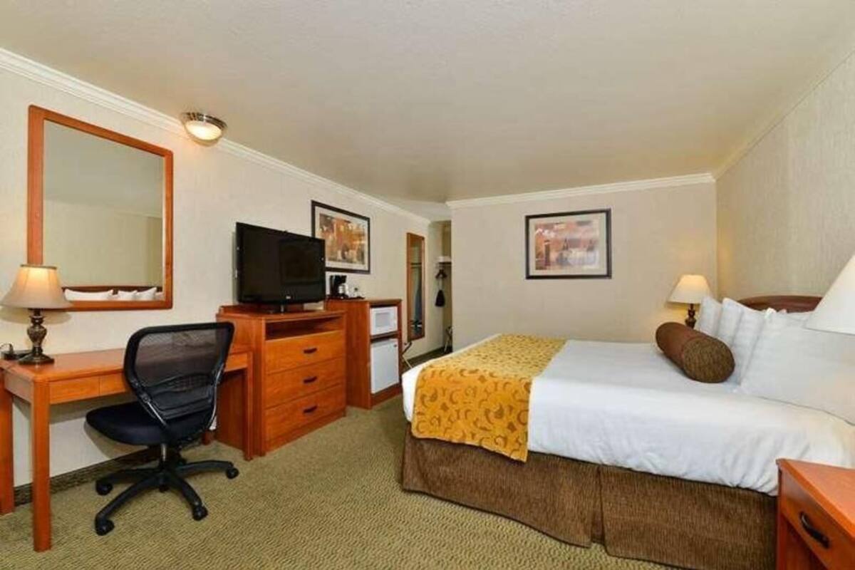 A hotel room with a bed, desk, chair, television, and two lamps.