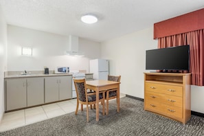 Fridge, microwave, coffee/tea maker, dining tables