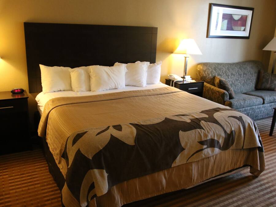 A hotel room with a large bed, two bedside tables, a chair, and a lamp.