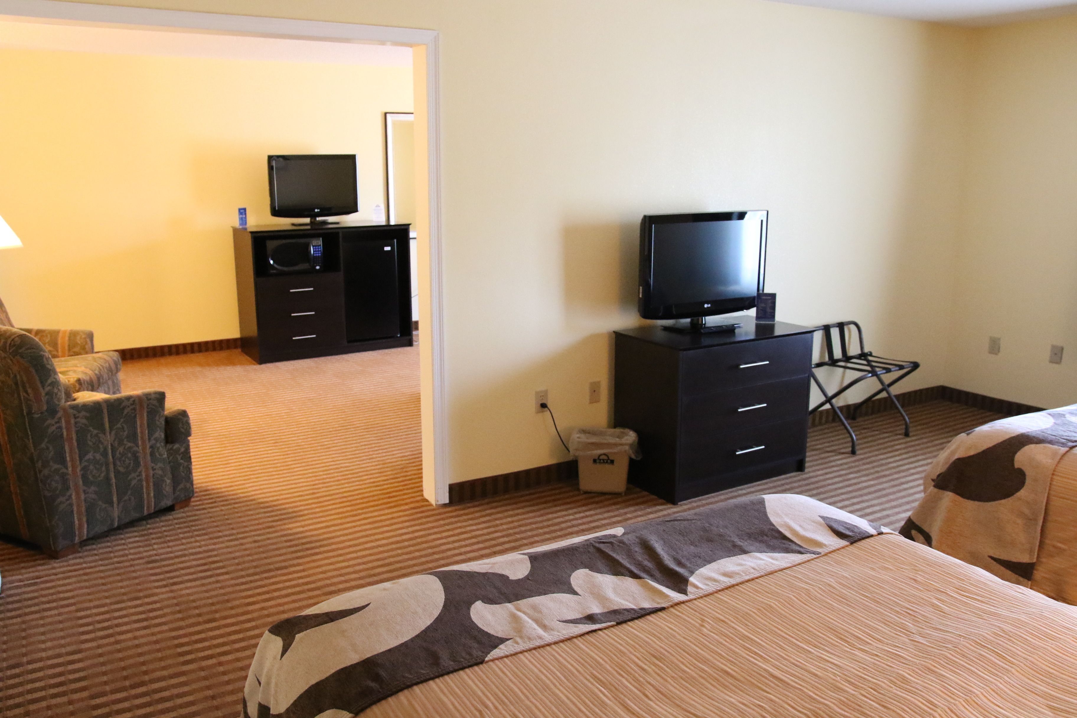 A hotel room with a bed, a TV on a dresser, a chair, and a microwave.
