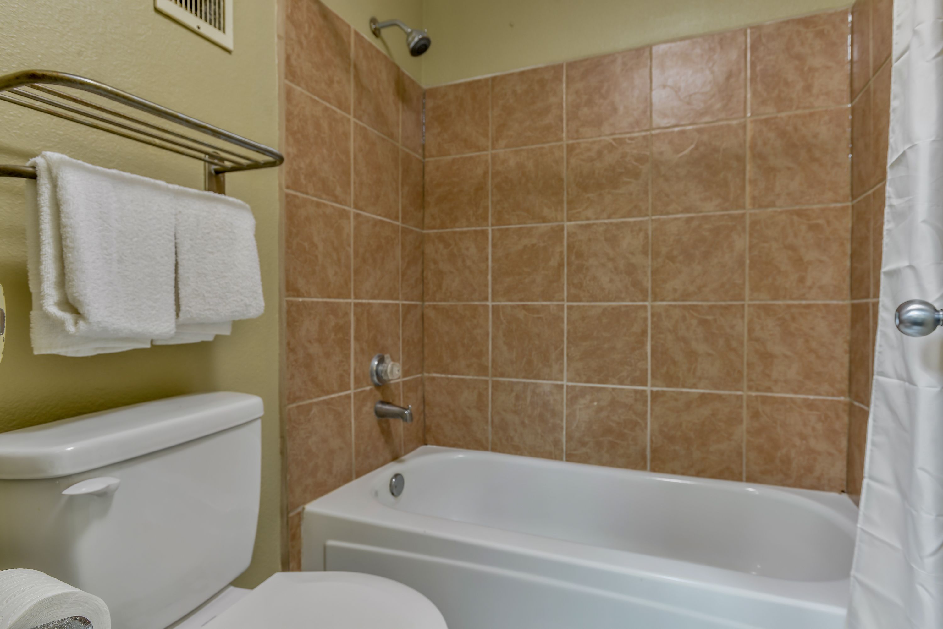 A bathroom with a toilet, a bathtub, and a shower.