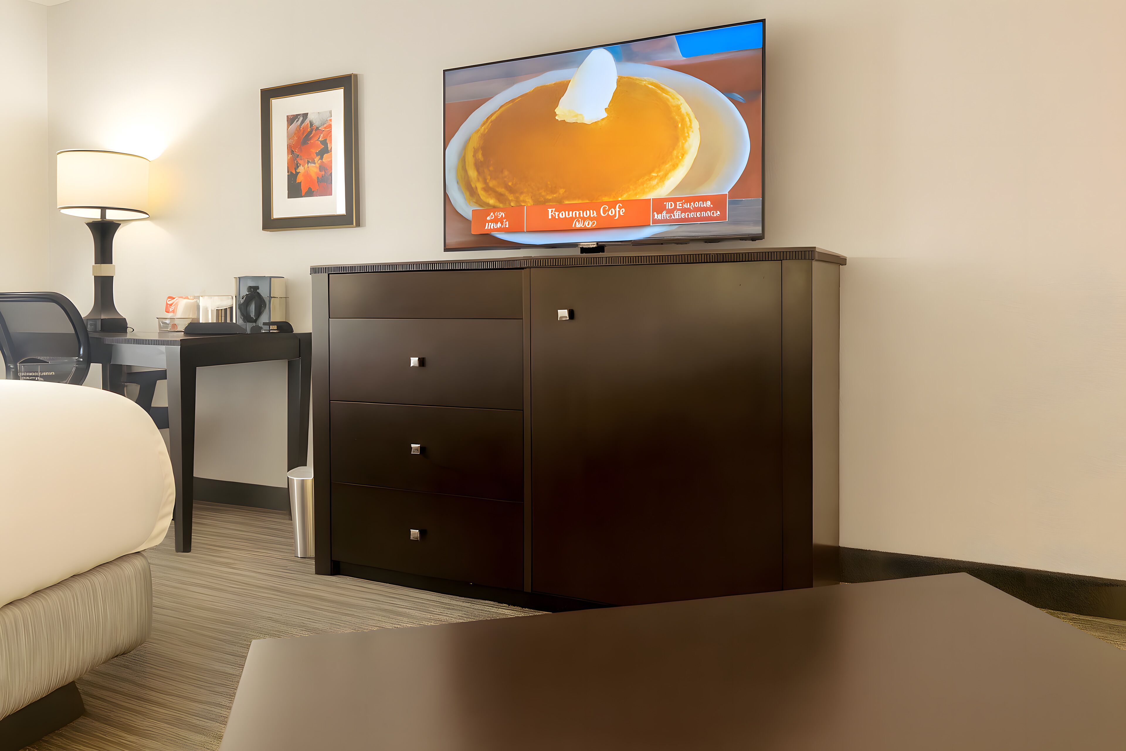 Habitación de hotel con cama, escritorio con lámpara, televisor mostrando un postre y armario oscuro.